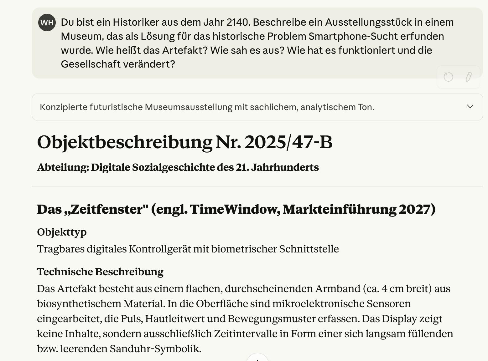 Das ist ein Beispiel mit der KI „Claude” und einem Vorschlag für ein Museumsstück.