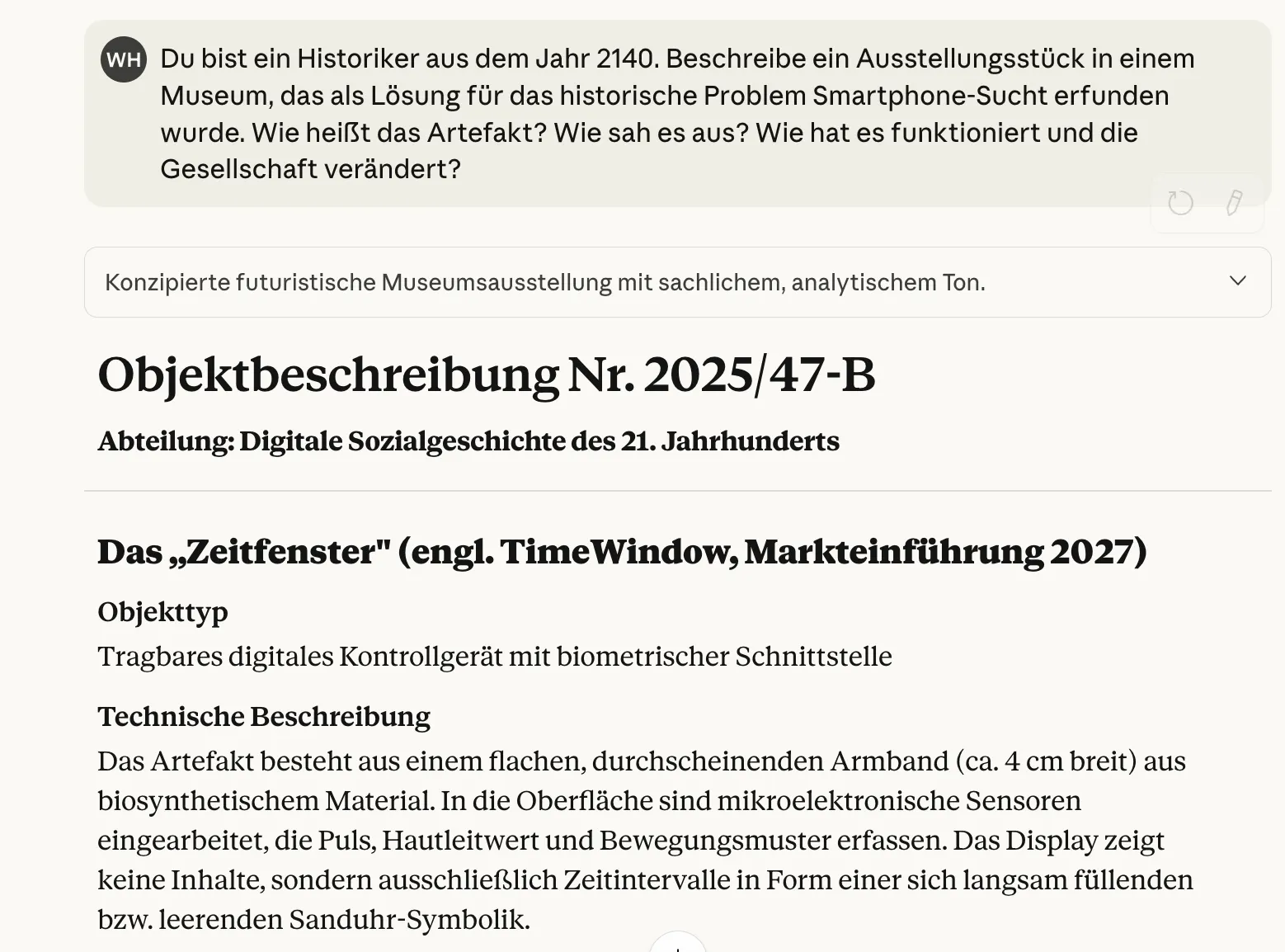Das ist ein Beispiel mit der KI „Claude” und einem Vorschlag für ein Museumsstück.