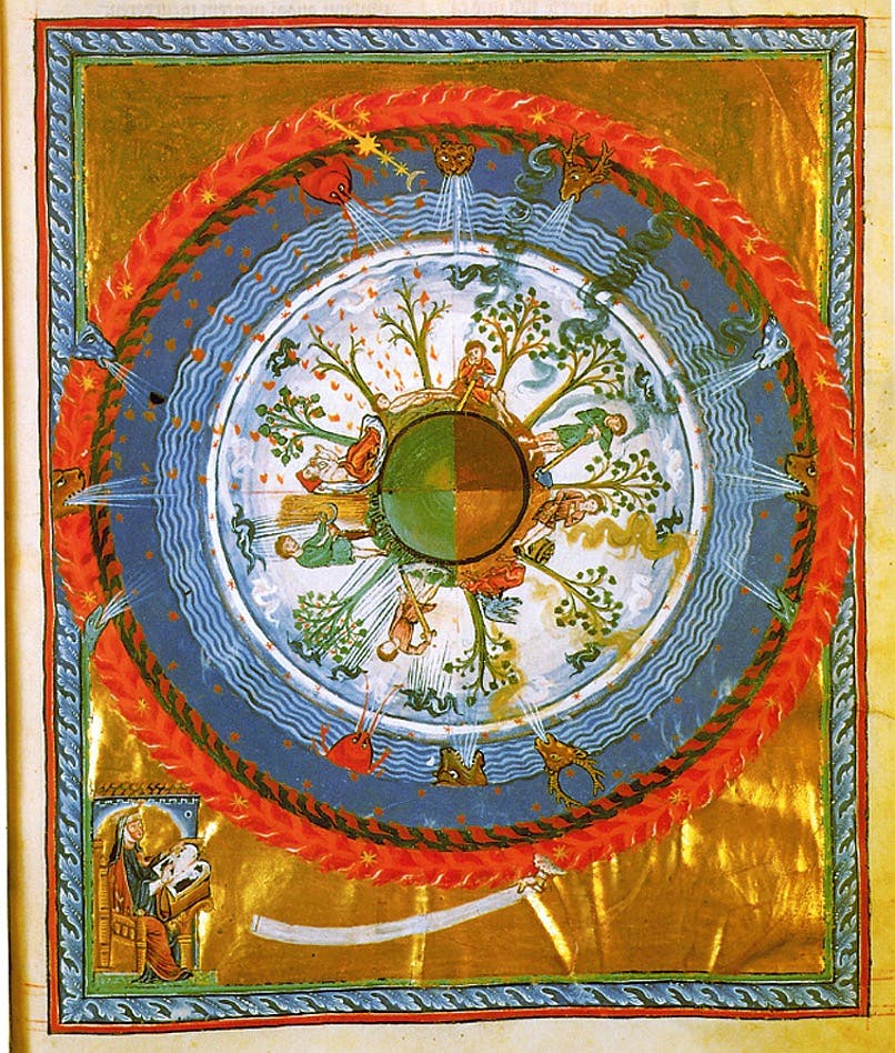 Mittelalterliche Darstellung der Erde, in den Farben gold, rot, blau und grün.