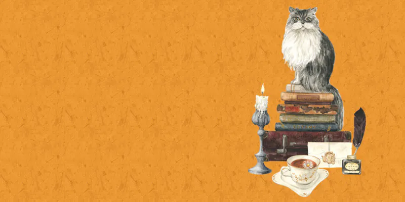 Perserkatze (Aquarell) sitzt auf Buchstapel, gelber Hintergrund, Schmuckbild