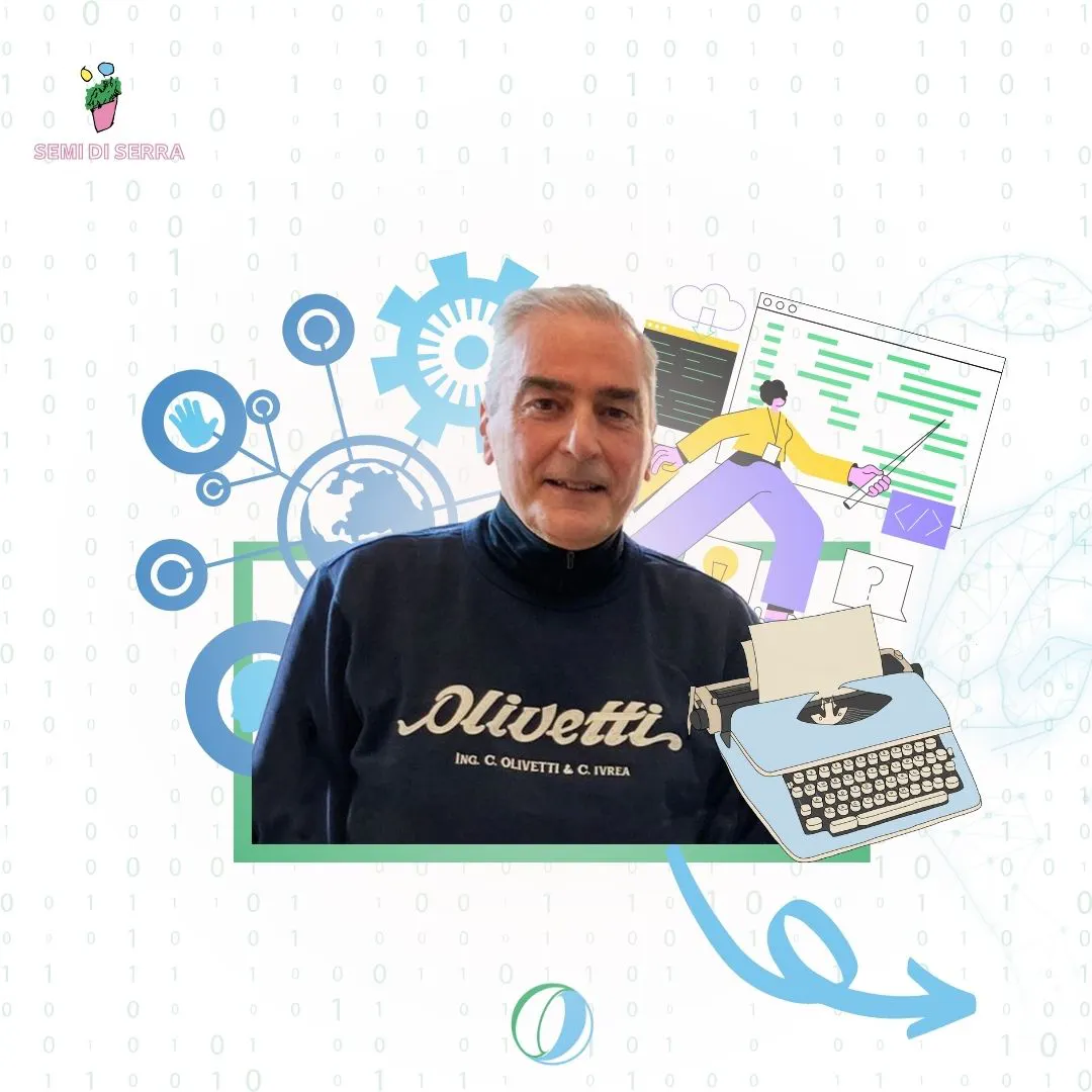 Immagine di Norberto Patrignani con felpa Olivetti, macchina da scrivere e immagini di meccanismi e statistiche