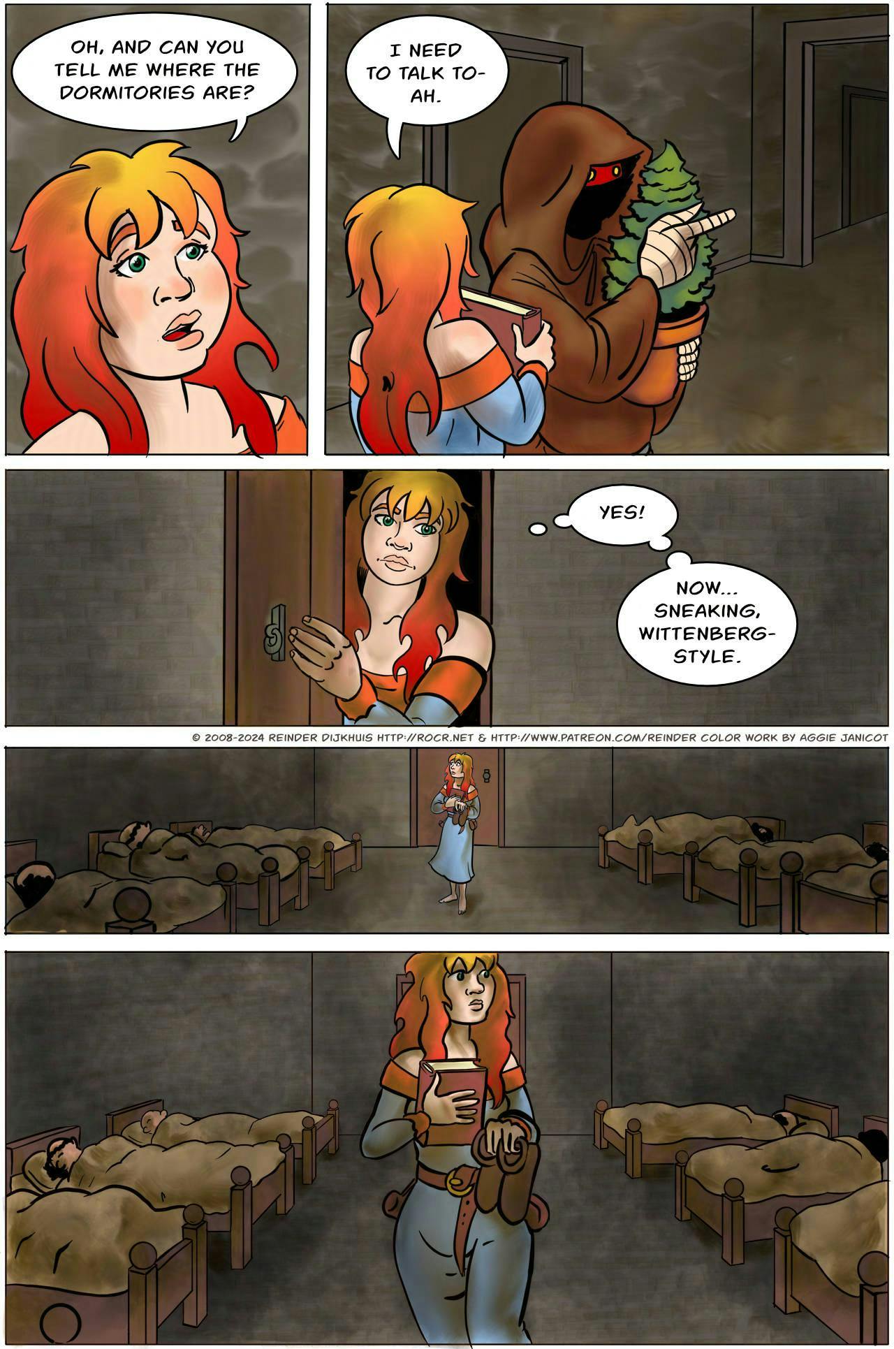 Panel 1: 
Krakatoa is talking to the Plant-stealing Monk. 
Krakatoa: Oh, and can you tell me where the dormitories are?

Panel 2:
The Plant-stealing Monk points silently in the direction of where Krakatoa was heading already. 
Krakatoa: I need to talk to-
Ah.

Panel 3: 
Krakatoa opens a door.
Krakatoa (thinks): Yes! Now… sneaking, Wittenberg-style.

Panels 4 and 5: Krakatoa walks past the rows of beds full of sleeping monks, looking right and then left.