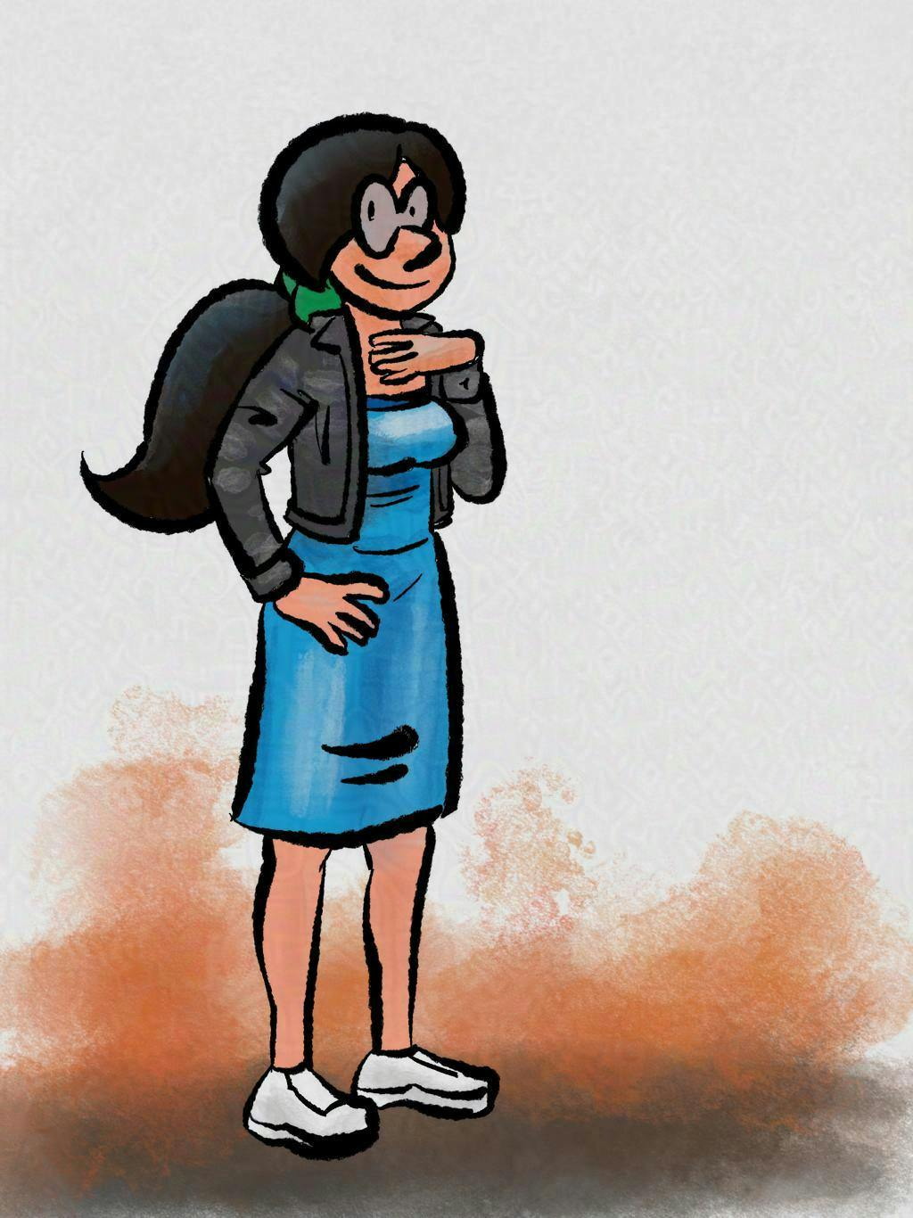 A woman in a blue dress, grey jacket and glasses.