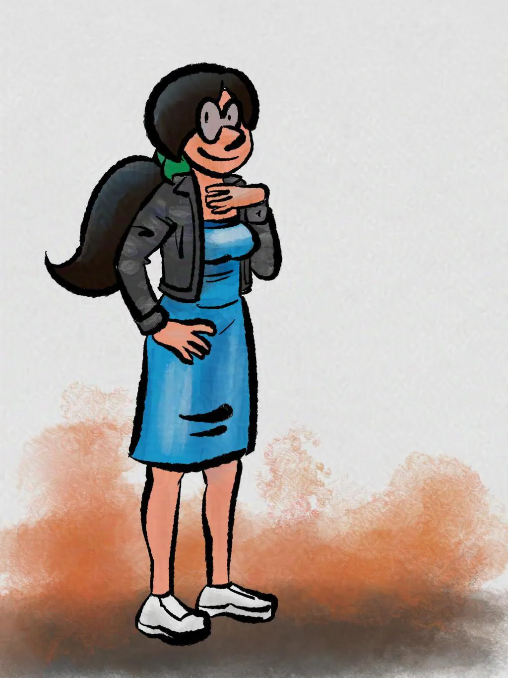 A woman in a blue dress, grey jacket and glasses.