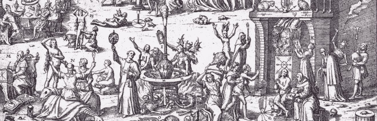 Stich zeigt den imaghinierten Trierer Hexenbrunnen mit Skeletten am Fuß des Brunnens