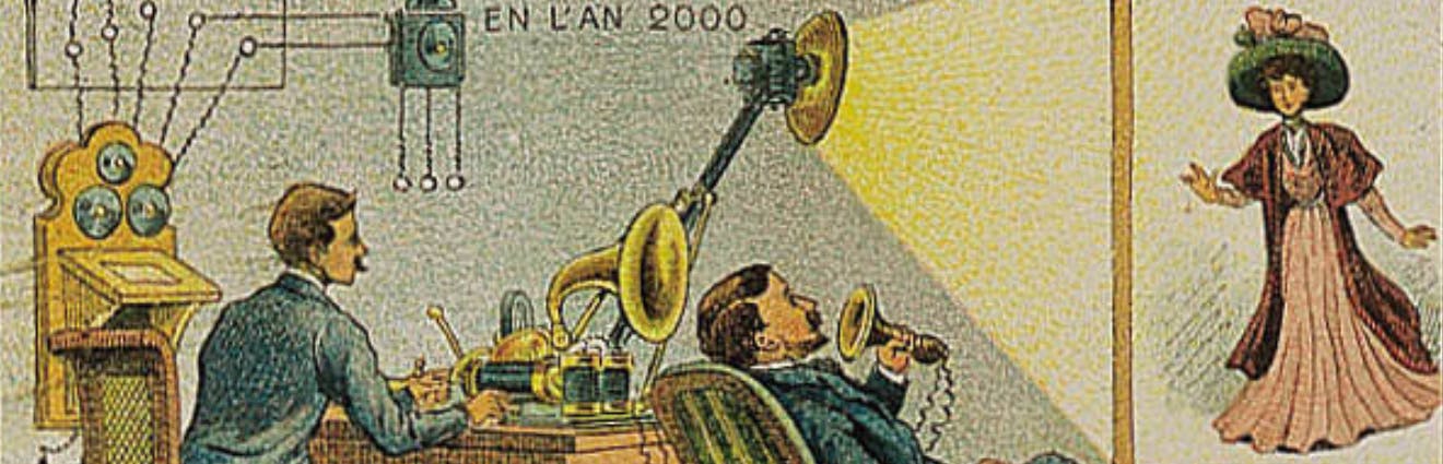 Eine Postkarte aus dem Jahr 1900 zeigt vorgestellte Videotelefonie im Jahr 2000