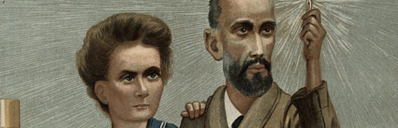 Marie and Pierre Curie, he holding up a glowing specimen of radium.