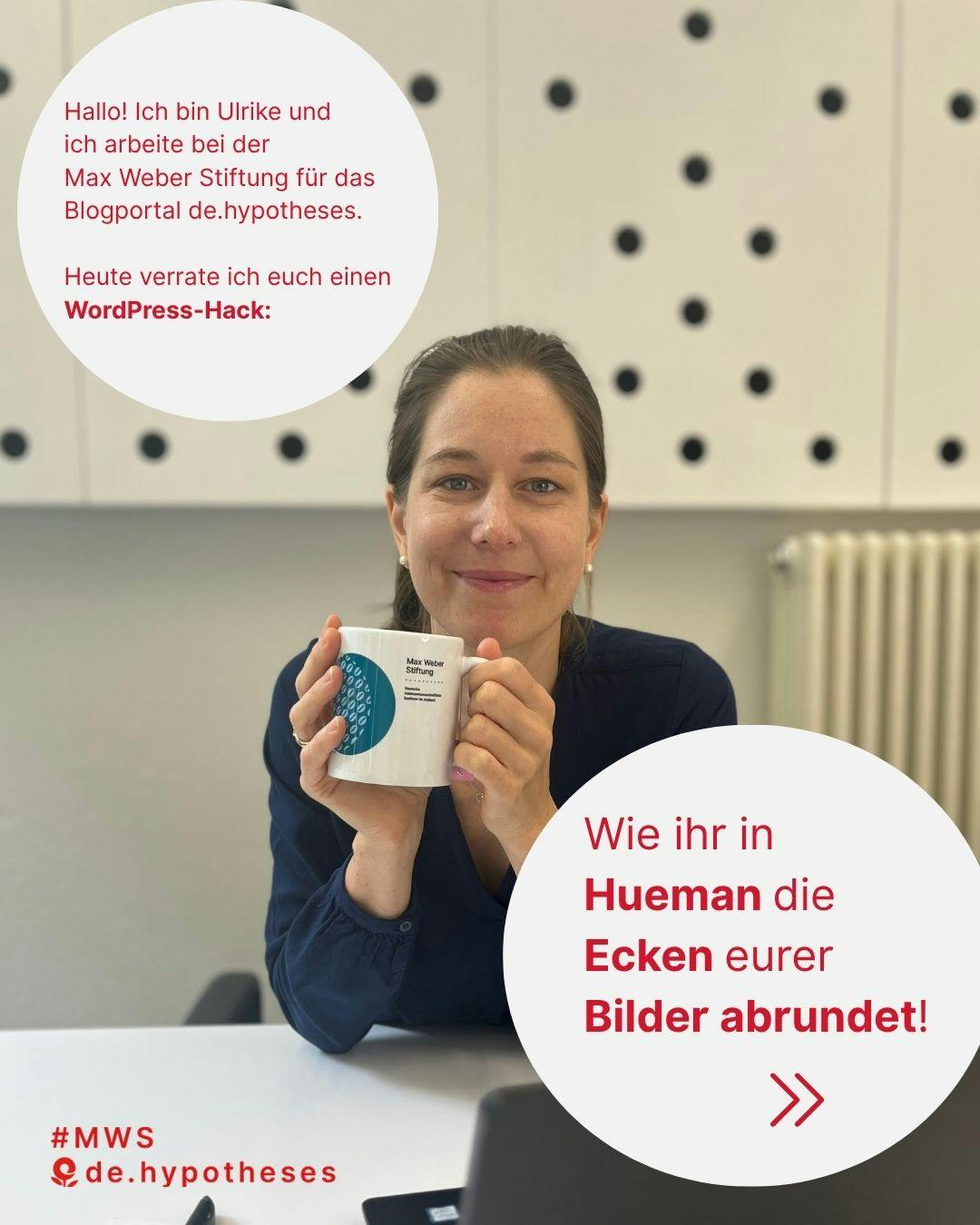 Hallo! Ich bin Ulrike und arbeite bei der Max Weber Stiftung für das Blogportal de.hypotheses. Heute verrate ich euch einen WordPress-Hack: Wie ihr in Hueman die Ecken eurer Bilder abrundet!