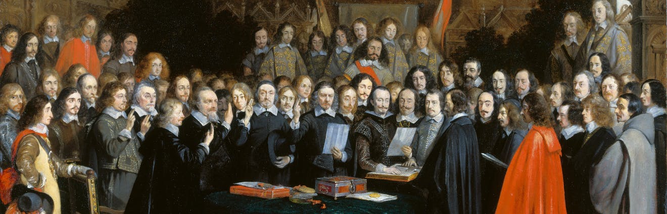Das Ölgemälde zeigt die niederländischen und spanischen Verhandlungsführer, die am 30. Januar 1648 im Münsteraner Rathaus „ihren Sonderfrieden“ zur Beilegung des Achtzigjährigen Krieges schlossen. Es ist zum Symbolbild des Westfälischen Friedens geworden, auch wenn es eigentlich einen Nebenakt zeigt.