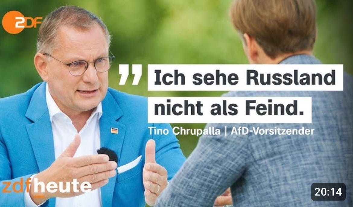 Thumbnail des ZDF-Sommerinterviews mit dem Vorsitzenden der Rechtsextremistischen Partei, der ihn zitiert: "Ich sehe Russland nicht als Feind"