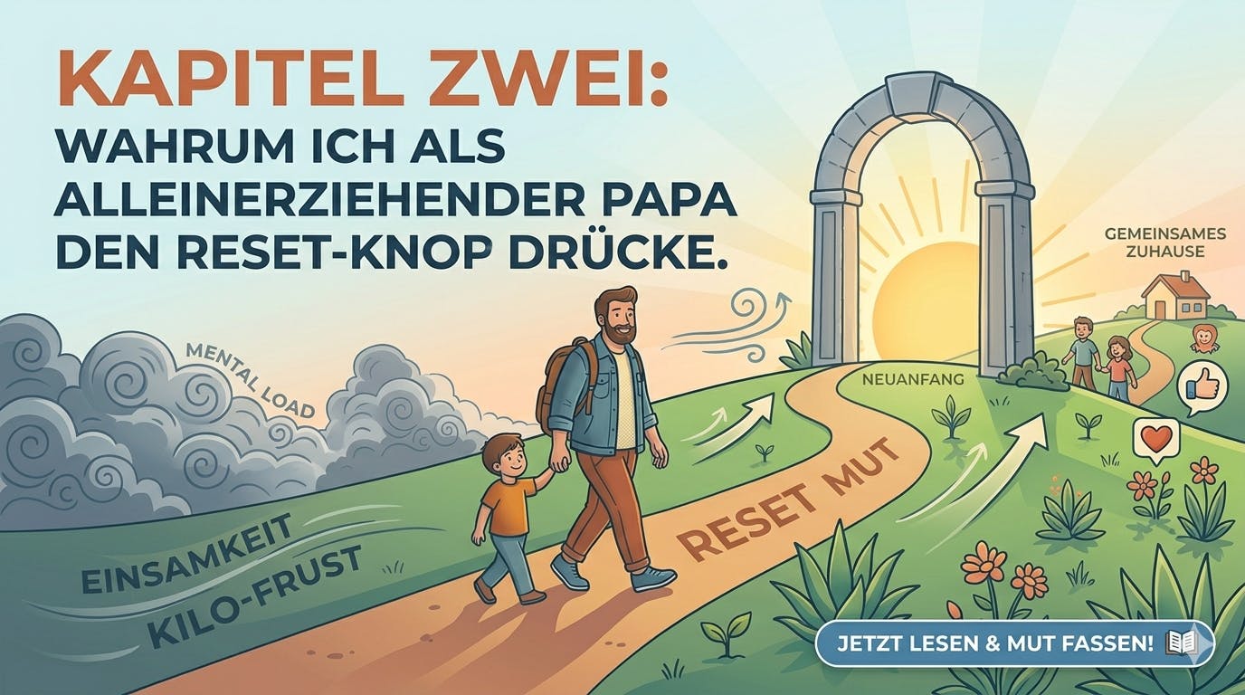 Ein motivierendes Beitragsbild für den Eröffnungs-Blogpost eines alleinerziehenden Vaters, der den Weg vom Mental Load und Kilo-Frust hin zum Reset und Neuanfang visualisiert.