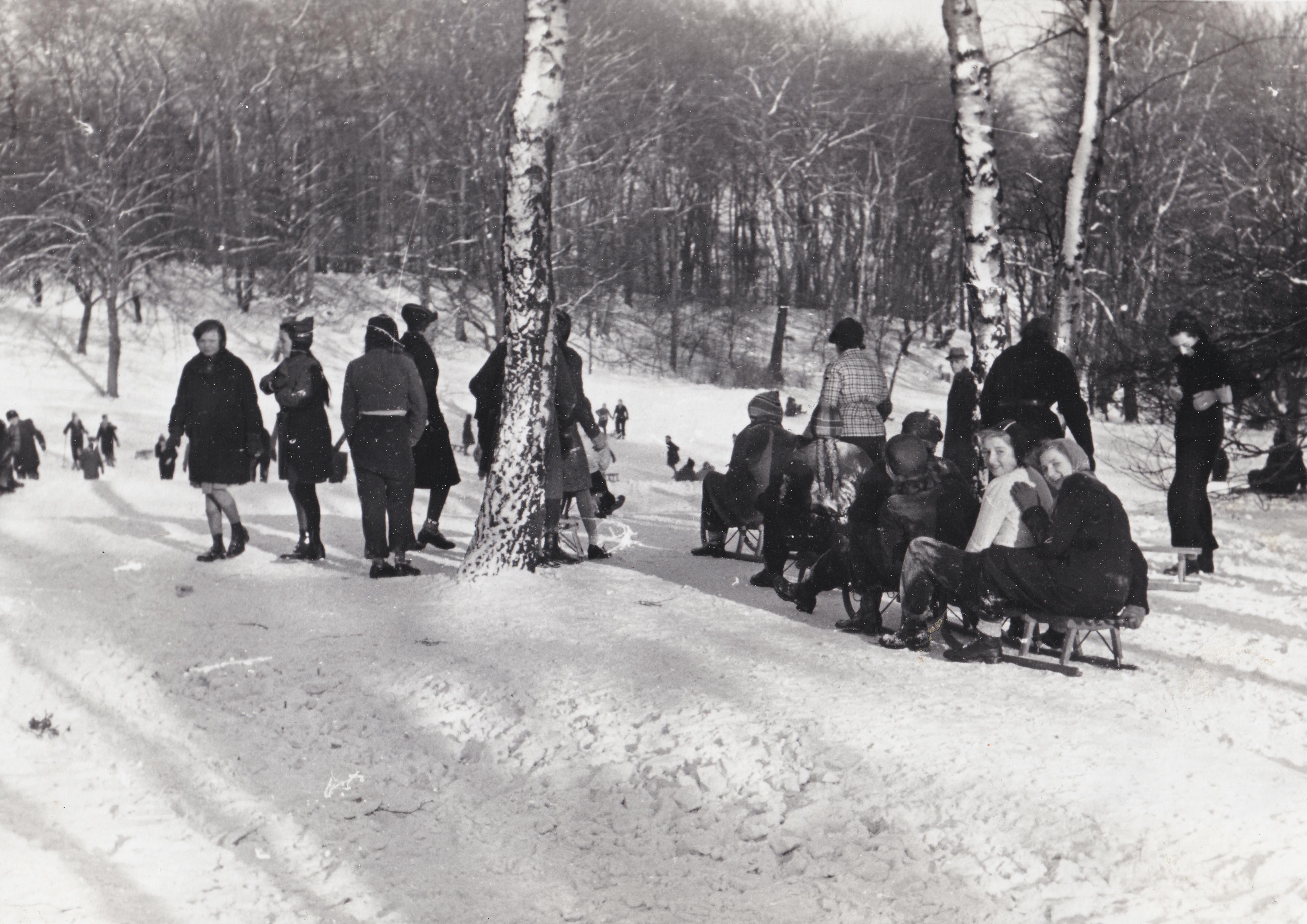 Historisches schwarz-Weiß-Bild mit Kindern auf Schlitten und Skiern in einer verschneiten Landschaft mit Birken und einer Hangkante im Hintergrund.