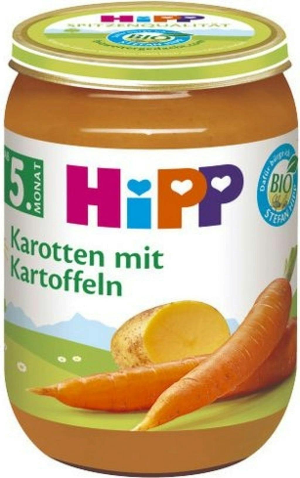 Das Bild zeigt ein Glas Hipp Bio Baby-Brei der Sorte „Karotten mit Kartoffeln" für Kinder ab dem 5. Monat.