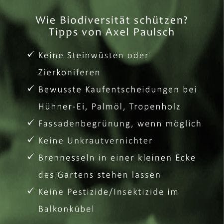 Aufzählung zum Thema "Wie schütze ich die tierische Vielfalt?". Tipps von Axel Paulsch: u.a. Keine Steinwüsten oder Zierkoniferen, keine Unkrautvernichter im Garten oder Insektizide auf dem Balkon. Dafür Fassadenbegrünung und Brennesseln in einer Garten-Ecke (wo möglich).