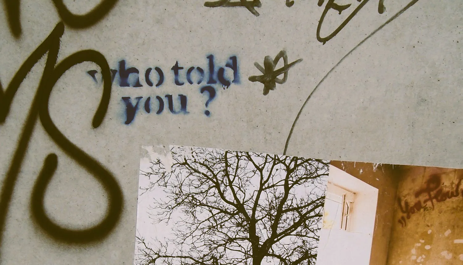 Eine Wand, an der etwas aufgesprüht ist und in der unteren rechten Ecke ein Poster klebt. Mittig steht: Who told you?
