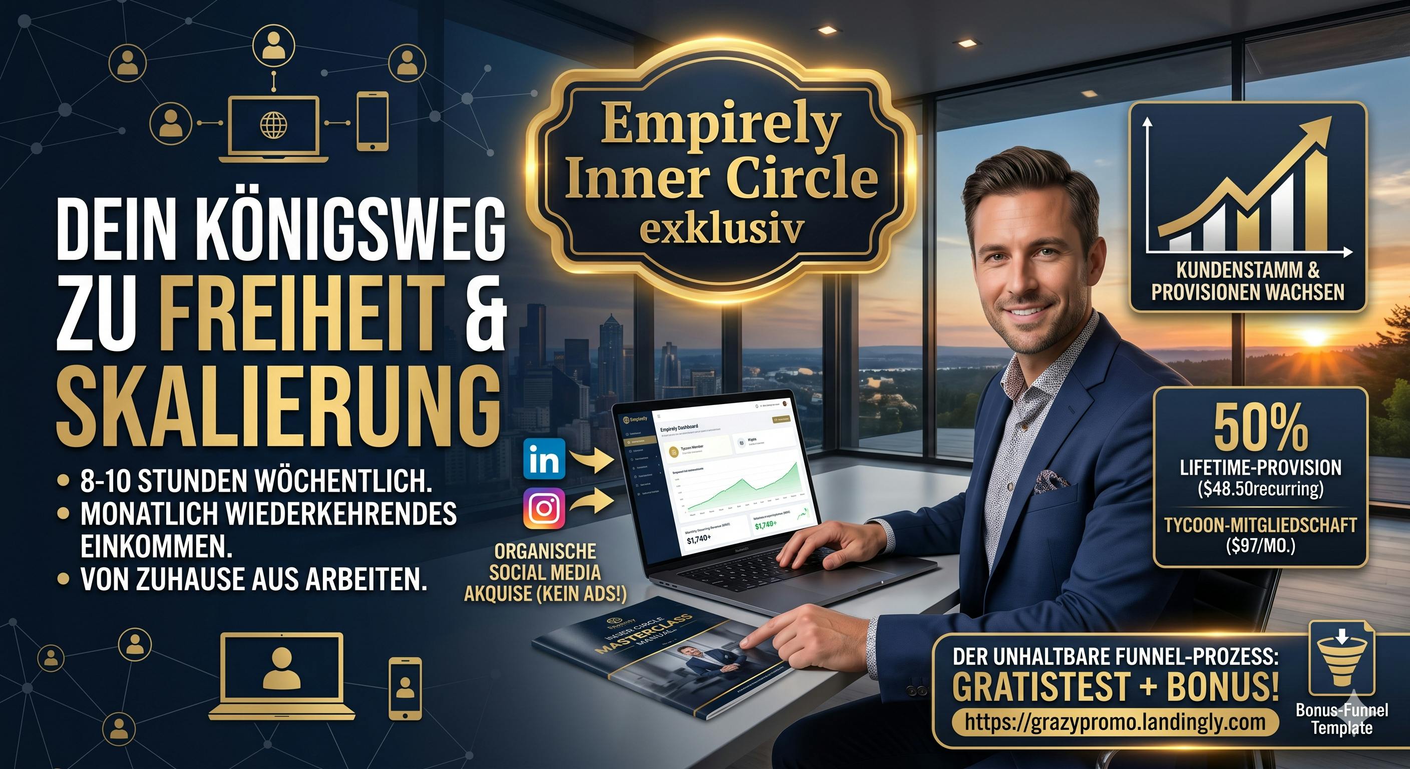 Werbebanner mit dem goldenen Label "Empirely Inner Circle exklusiv". Ein professioneller Unternehmer arbeitet fokussiert am Laptop in einem modernen Home-Office. Im Hintergrund visualisieren steigende Umsatzgrafiken und Social-Media-Icons den Aufbau eines passiven Einkommens. Das Bild bewirbt den Königsweg zur Skalierung: 50% Lifetime-Provision durch die Empirely All-in-One-Plattform, organische Kundengewinnung und finanzielle Freiheit bei nur 8 bis 10 Stunden Zeitaufwand pro Woche.