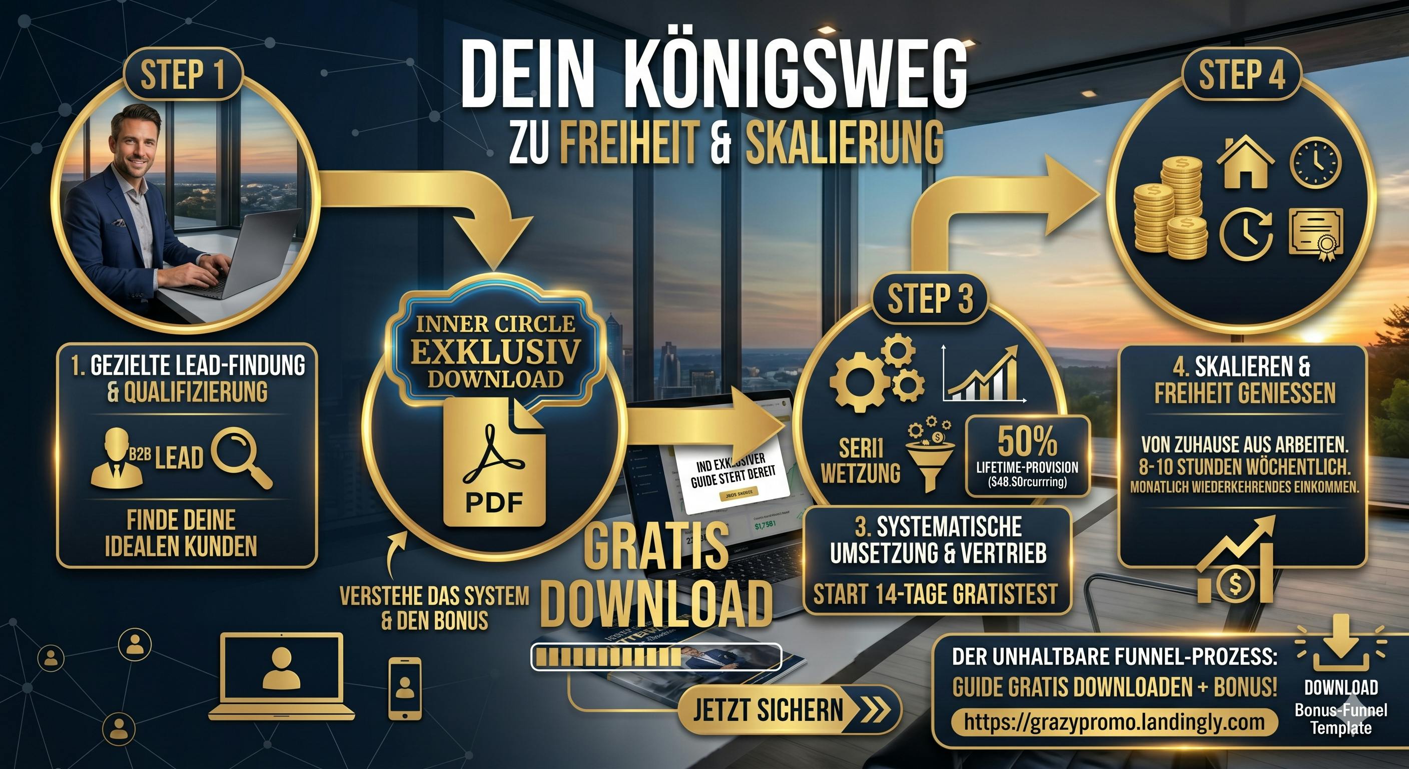 Werbegrafik mit einem 4-Schritte-Ablaufplan unter dem Titel "Dein Königsweg zu Freiheit & Skalierung". Im Zentrum steht prominent das goldene Label "Inner Circle Exklusiv Download" mit einem PDF-Symbol und Download-Balken. Die Schritte visualisieren den Prozess: 1. Gezielte B2B-Lead-Findung, 2. Download des exklusiven Guides, 3. Systematische Umsetzung und Start des 14-Tage-Gratistests mit 50% Lifetime-Provision, 4. Skalierung und finanzielle Freiheit durch monatlich wiederkehrendes Einkommen bei 8-10 Stunden Arbeit pro Woche. Unten wird der unhaltbare Funnel-Prozess beworben, inklusive Link auf grazypromo.landingly.com.