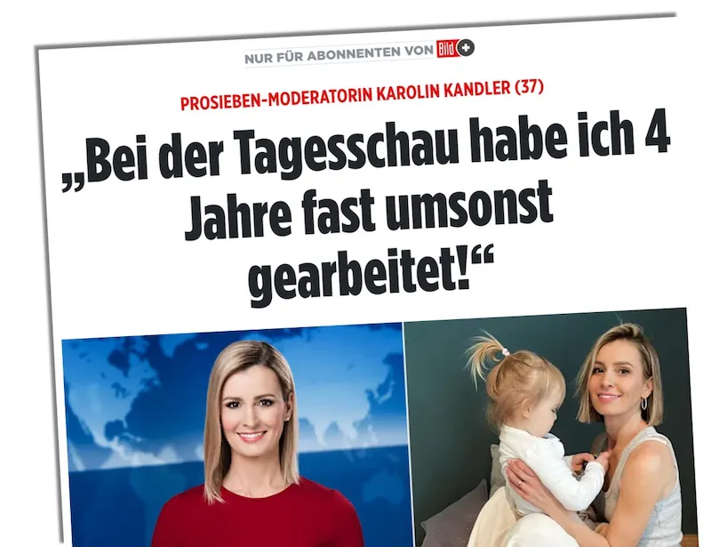 Screenshot des „Bild“-Artikels über Karolin Kandler, Überschrift: „Bei der ,Tagesschau‘ habe ich 4 Jahre fast umsonst gearbeitet!“ Darunter Bilder von Kandler im „Tagesschau“-Studio und mit einem ihrer Kinder.
