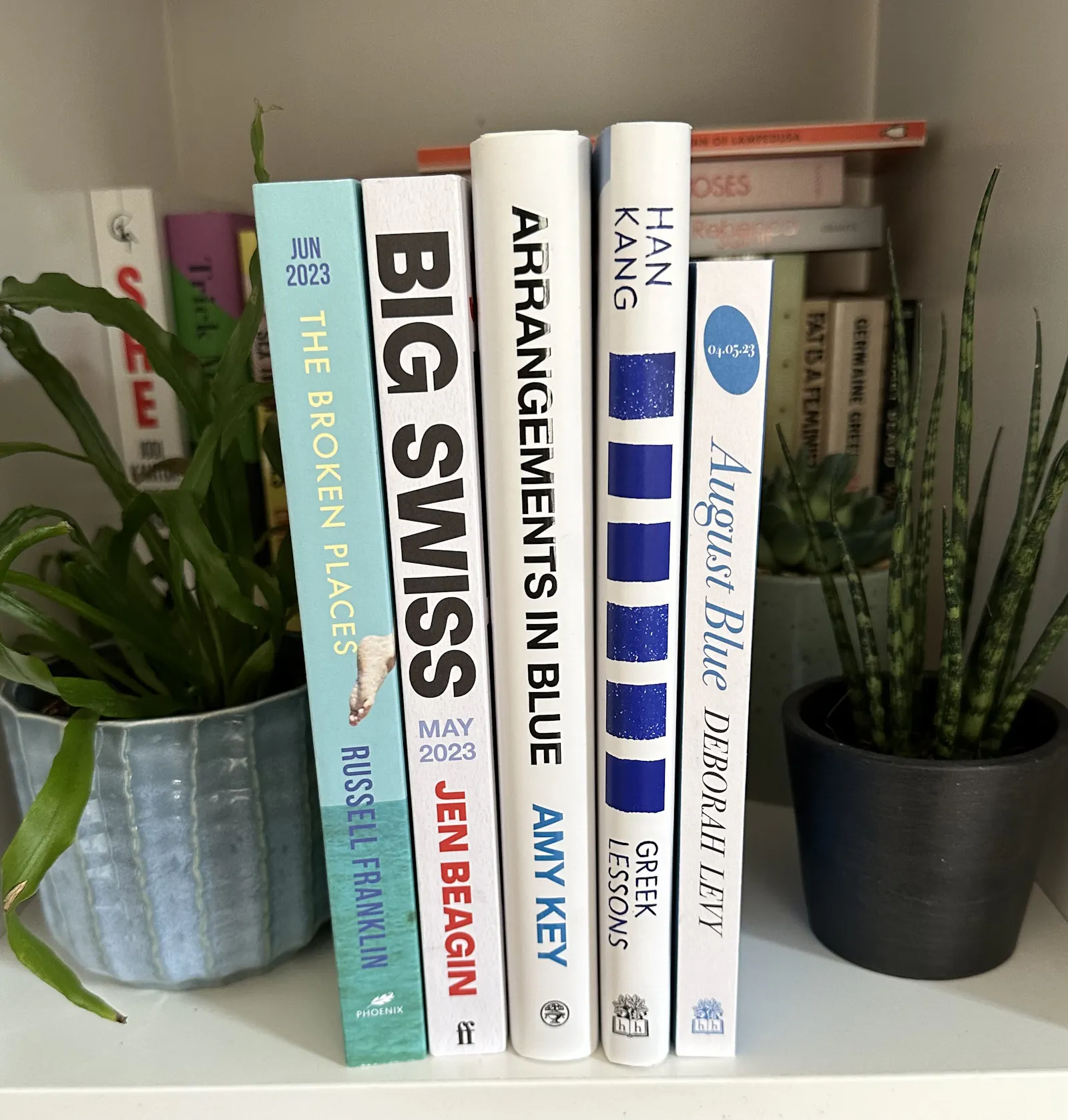 A selection of novels published in spring 2023 in front of some houseplants