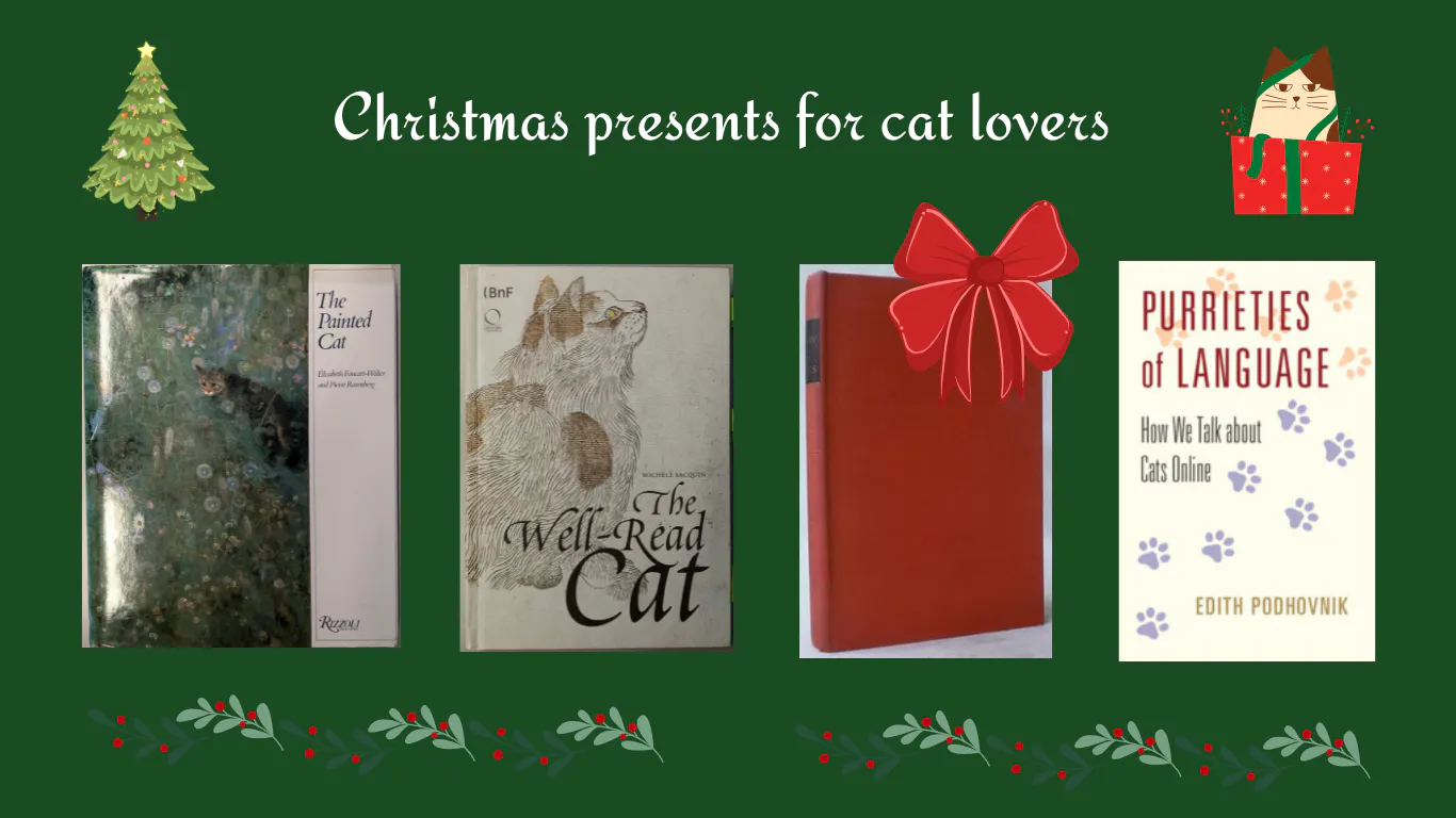 A Christmas tree, a cat in a box, a red ribbon, the four recommended books, and garlands.