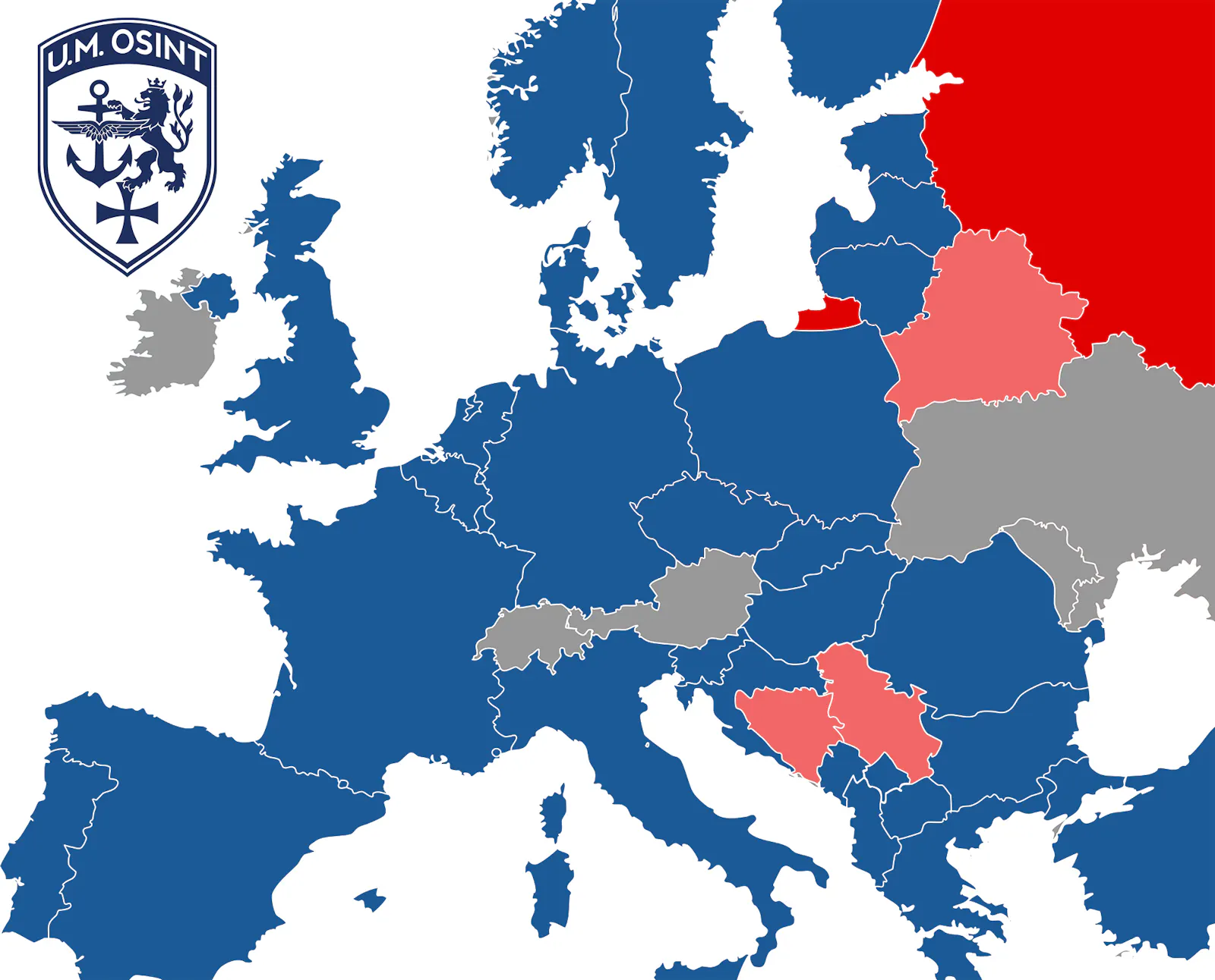 Stilisierte Karte der NATO Staaten und Russlands.