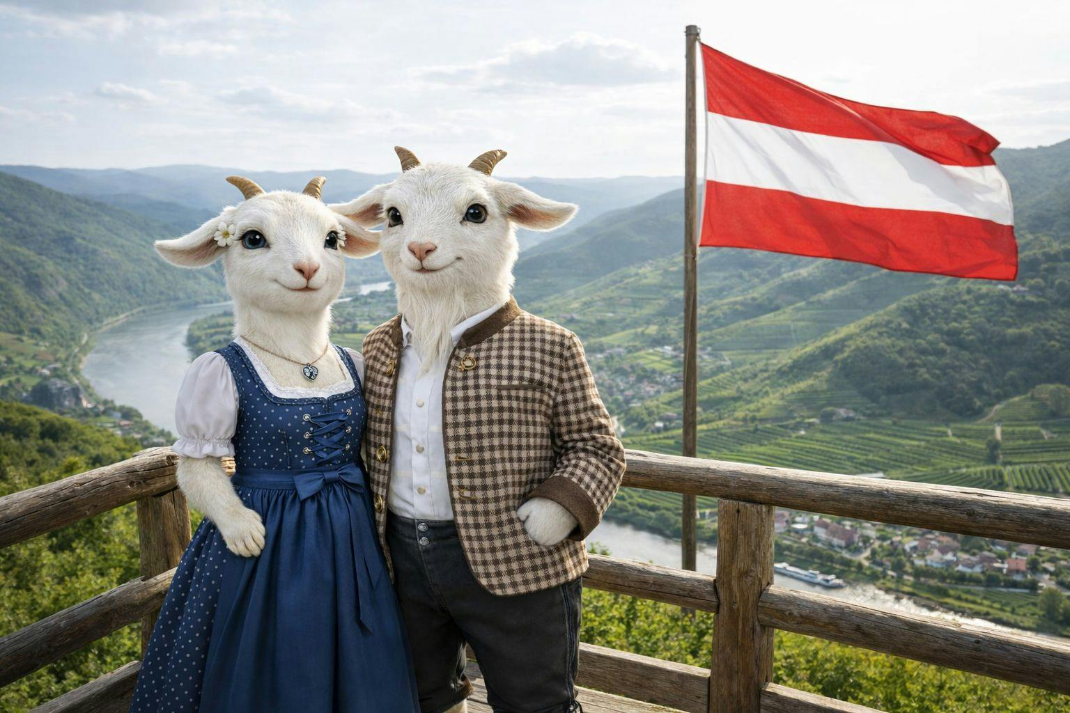 KI-generiertes Bild zweier Ziegen im Trachtenanzug auf einer Aussichtswarte über der Donau.