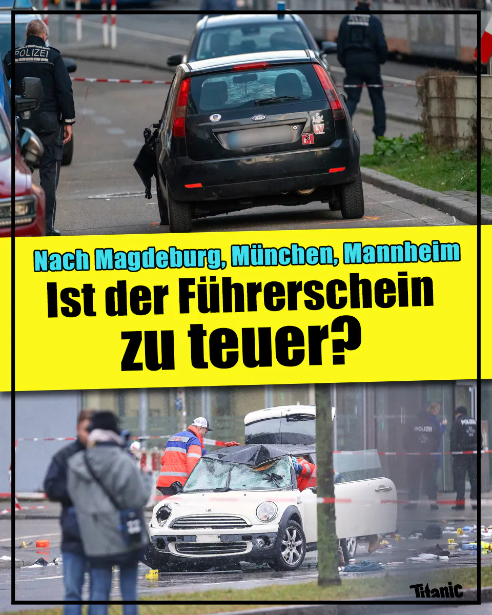 Zwei Bilder demolierter Fahrzeuge.
Text: Nach Magdeburg, München, Mannheim – Ist der Führerschein zu teuer?