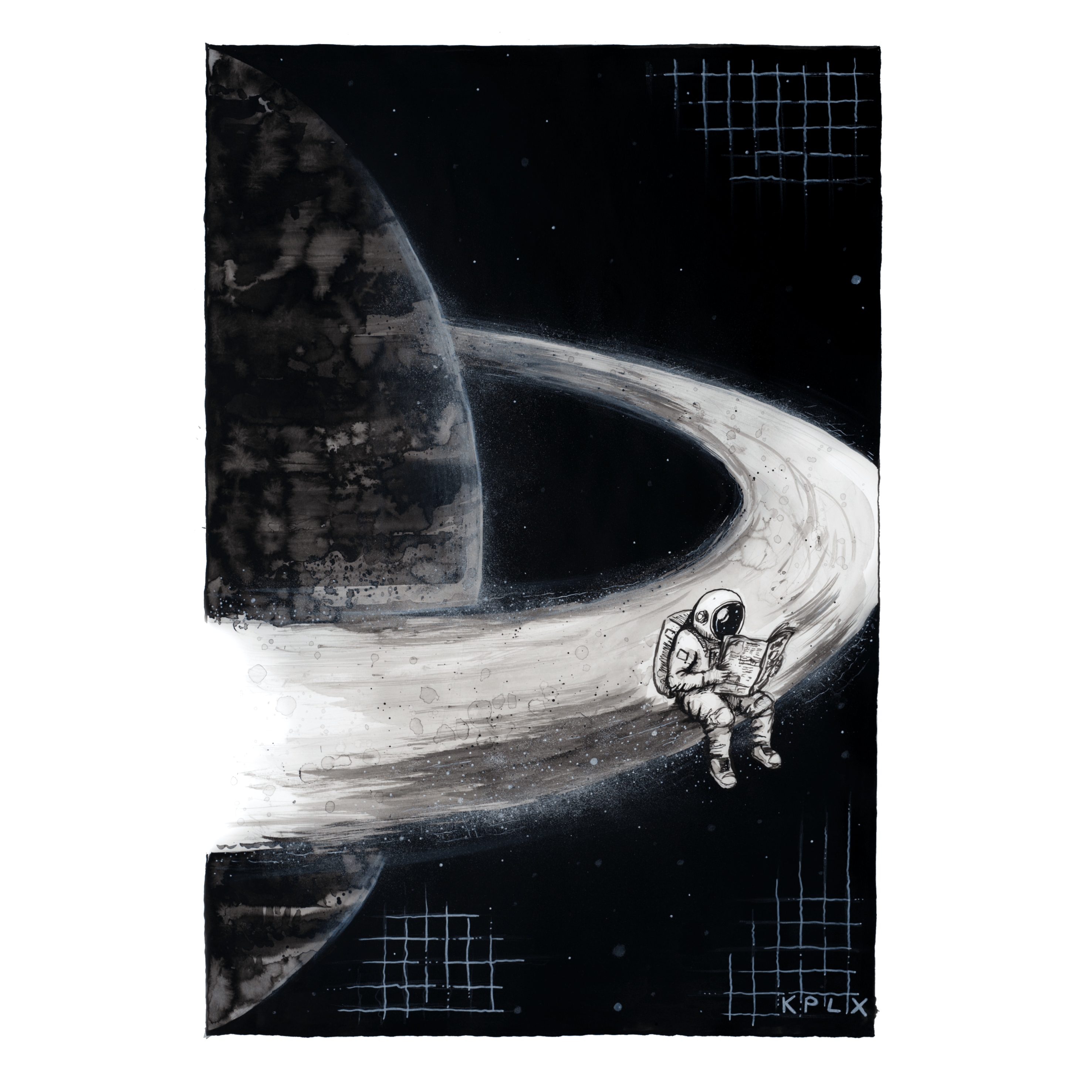 Ink drawing on A1: A small astronaut sits relaxed on one of the brightly glowing rings of a large planet in outer space, reading a newspaper. The background is deep black, speckled with small star-like dots. The planet appears massive and darkly textured, while the ring curves around it in a bright, dynamic sweep.

Tuschezeichnung in A1: Eine kleine Astronautenfigur sitzt entspannt auf einem der hell leuchtenden Ringe eines großen Planeten im Weltall und liest eine Zeitung. Der Hintergrund ist tiefschwarz und mit kleinen sternartigen Punkten gesprenkelt. Der Planet wirkt massiv und dunkel strukturiert, während der Ring sich hell und dynamisch um ihn herumzieht.