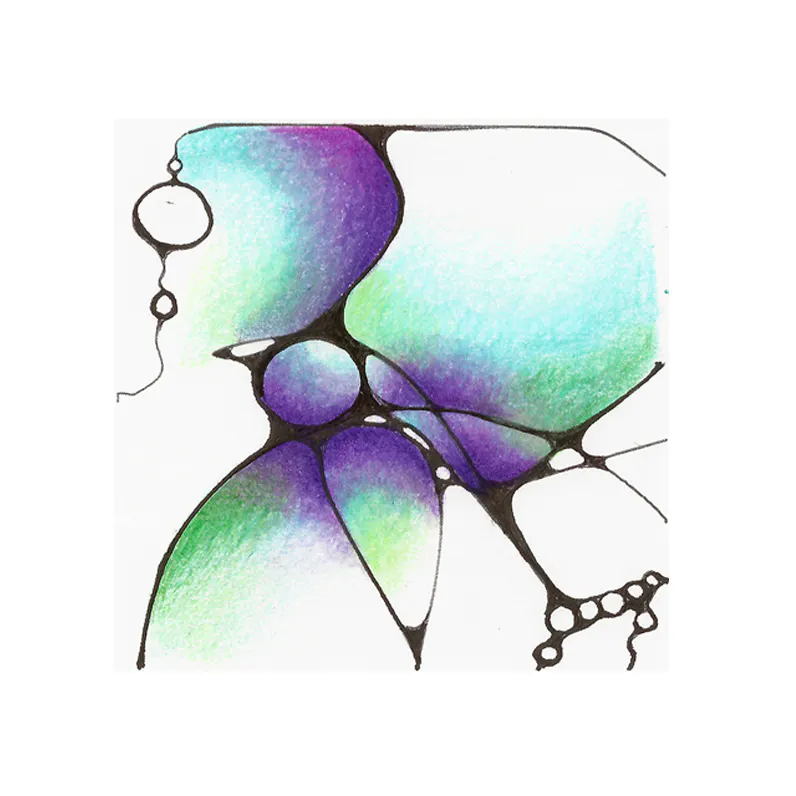 Intuitiv gezogene schwarze Linien, an ihren Kreuzungen abgerundet. Durchlaufende Farbflüsse in dunklem Lila, umgeben von Schattierungen in grün und blau.