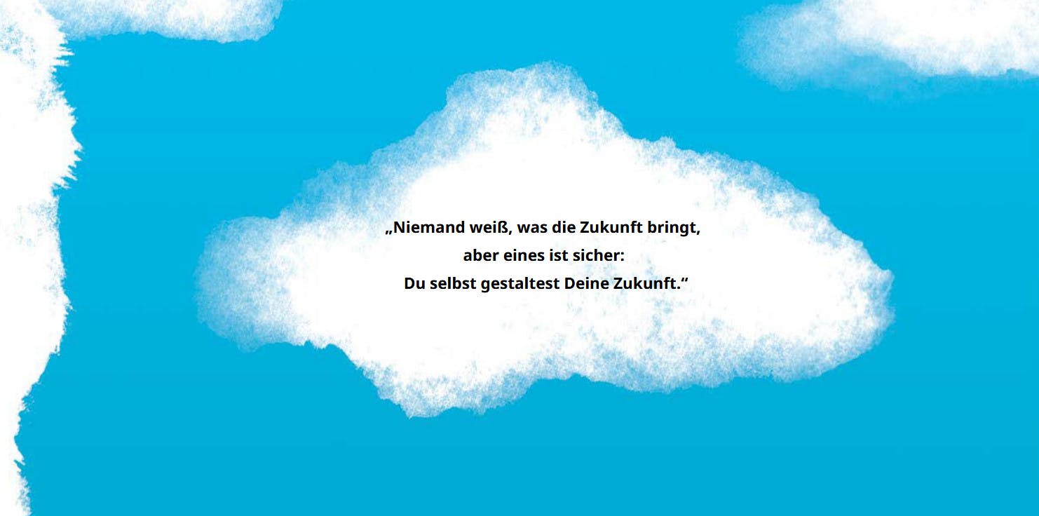 Weiße gezeichnete Wolke auf blauem Hintergrund, in der Wolke steht:
Niemand weiß, was die Zukunft bringt, aber eines ist sicher: Du selbst gestaltest deine Zukunft
