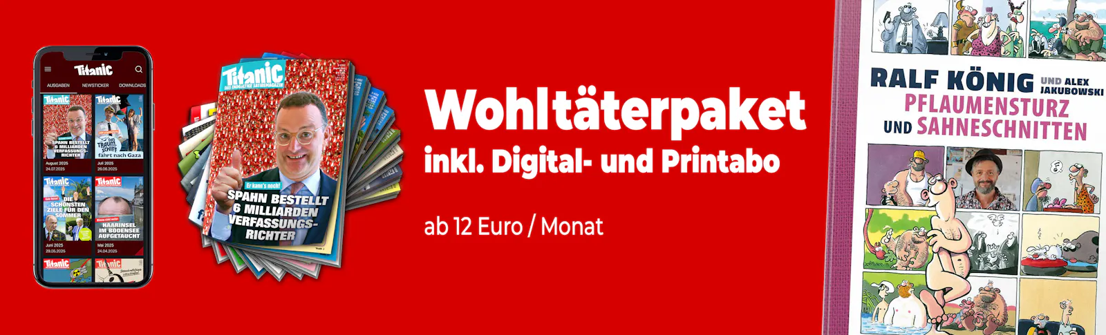 Smartphone mit geöffneter TITANIC-App. Cover des Augustheftes. Buchcover: "Pflaumensturz und Sahneschnitten"