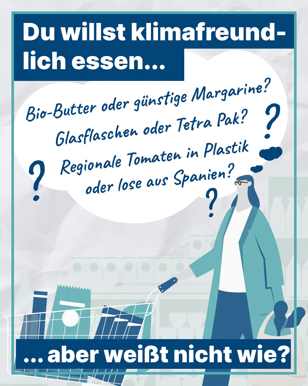 Du willst klimafreundlich essen, ber weißt nicht wie? Stilisierte Einkäuferin mit Einkaufswagen und vielen Fragen in einer Sprechblase.