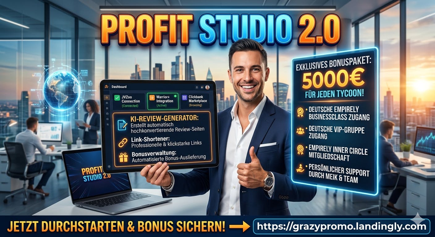 Ein lächelnder, professioneller Geschäftsmann im Anzug steht in einem modernen Büro und zeigt mit einem "Daumen hoch" auf das schwebende Dashboard der Affiliate-Software Profit Studio 2.0. Rechts daneben wird auf einem leuchtenden digitalen Banner ein exklusives Tycoon-Bonuspaket im Wert von 5.000 Euro beworben, das VIP-Zugänge, Inner Circle Mitgliedschaft und persönlichen Support umfasst. Am unteren Rand befindet sich der Call-to-Action "Jetzt durchstarten & Bonus sichern!" mit dem Link grazypromo.landingly.com.