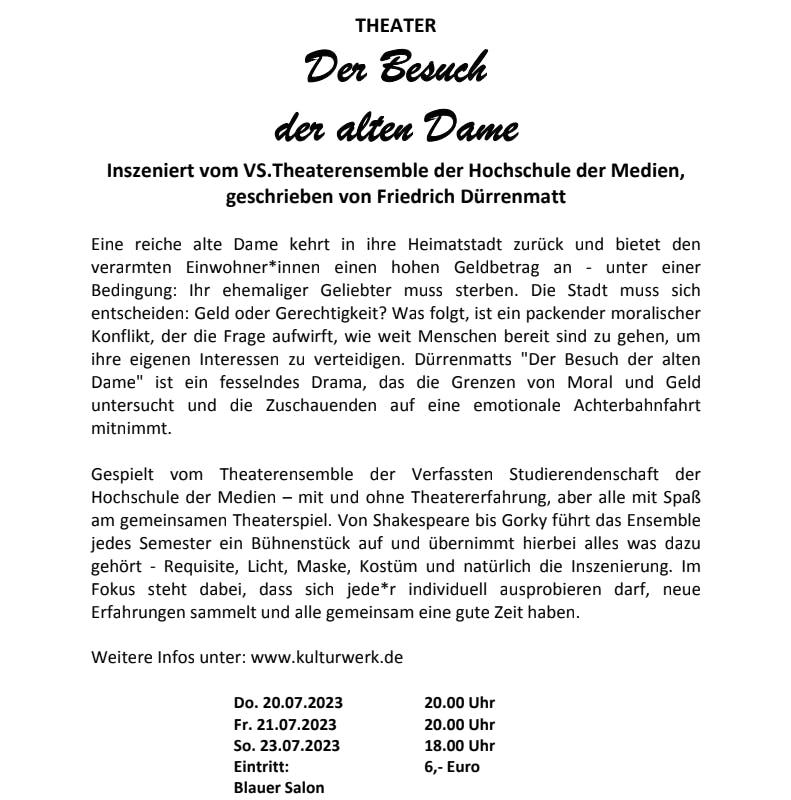 Pressetext zum Stück "Der Besuch der alten Dame" im Kulturwerk