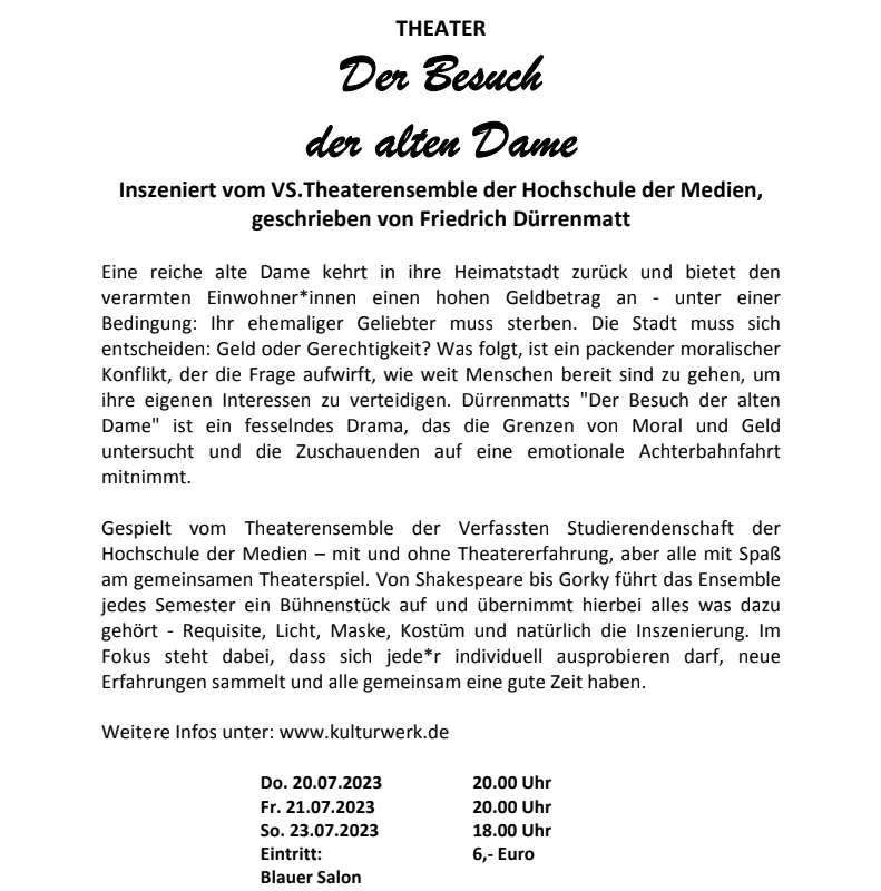 Pressetext zum Stück "Der Besuch der alten Dame" im Kulturwerk