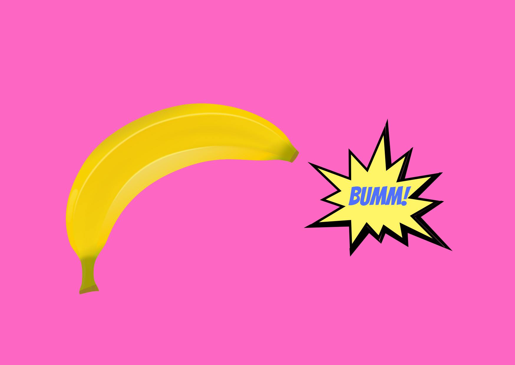 Grafik: Auf grellpinkem Untergrund ist eine gelbe Banane, deren Position an eine Pistole erinnert. In einer gelben Zackenwolke steht in blauen Buchstaben: Bumm!