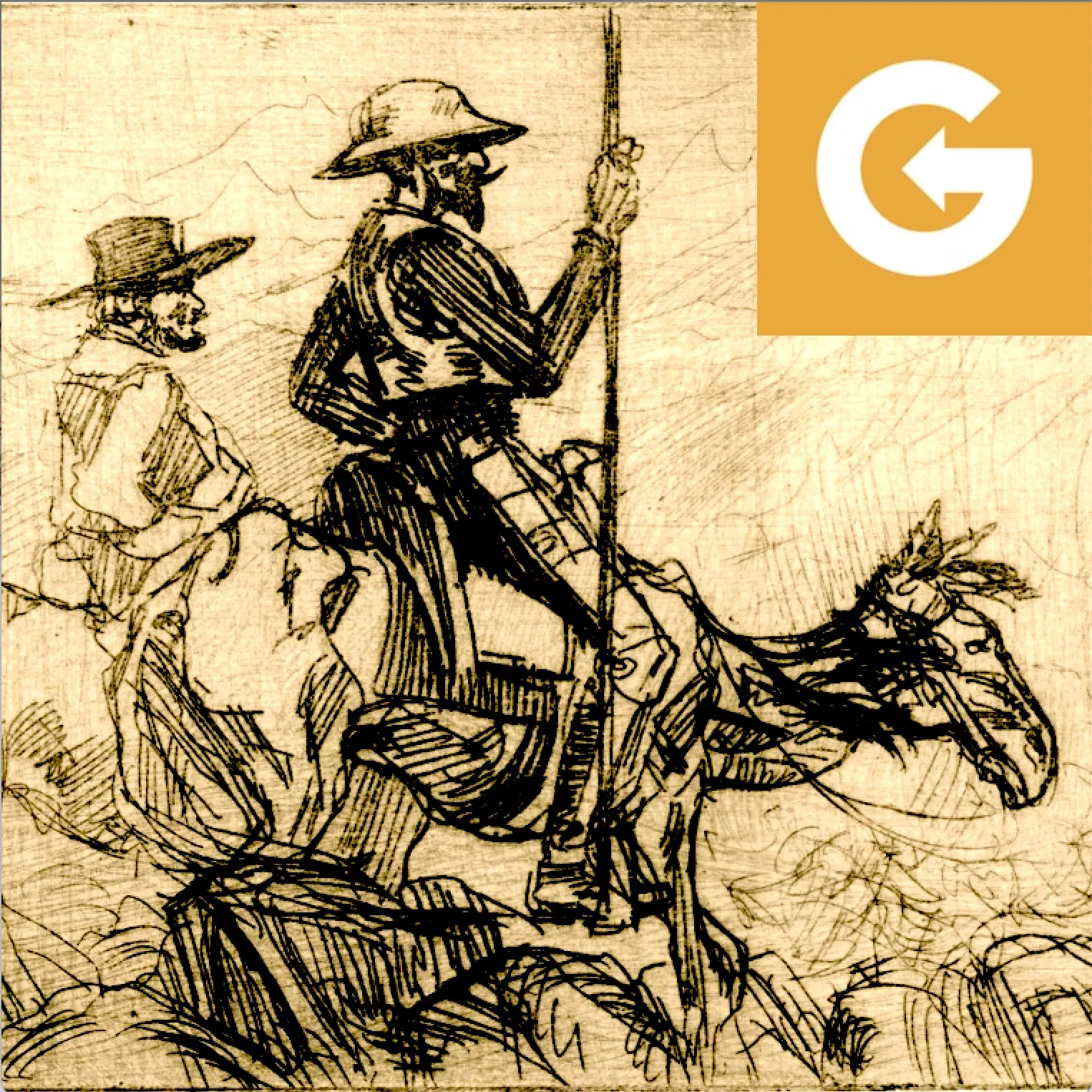 Don Quijote auf seinem treuen Streitross Rosinante, daneben sein Knappe Sancho Panza.