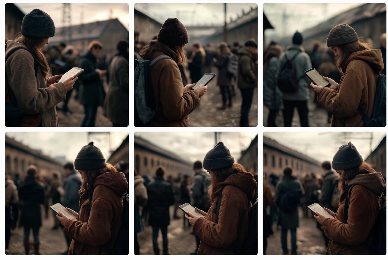 Prompt: A photorealistic young person reading a smartphone on the history of a concentration camp, close-up, high resolution, with an impressive blurred background.