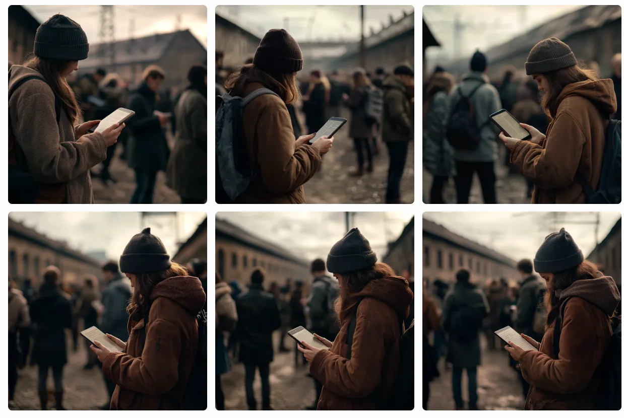 Prompt: A photorealistic young person reading a smartphone on the history of a concentration camp, close-up, high resolution, with an impressive blurred background.