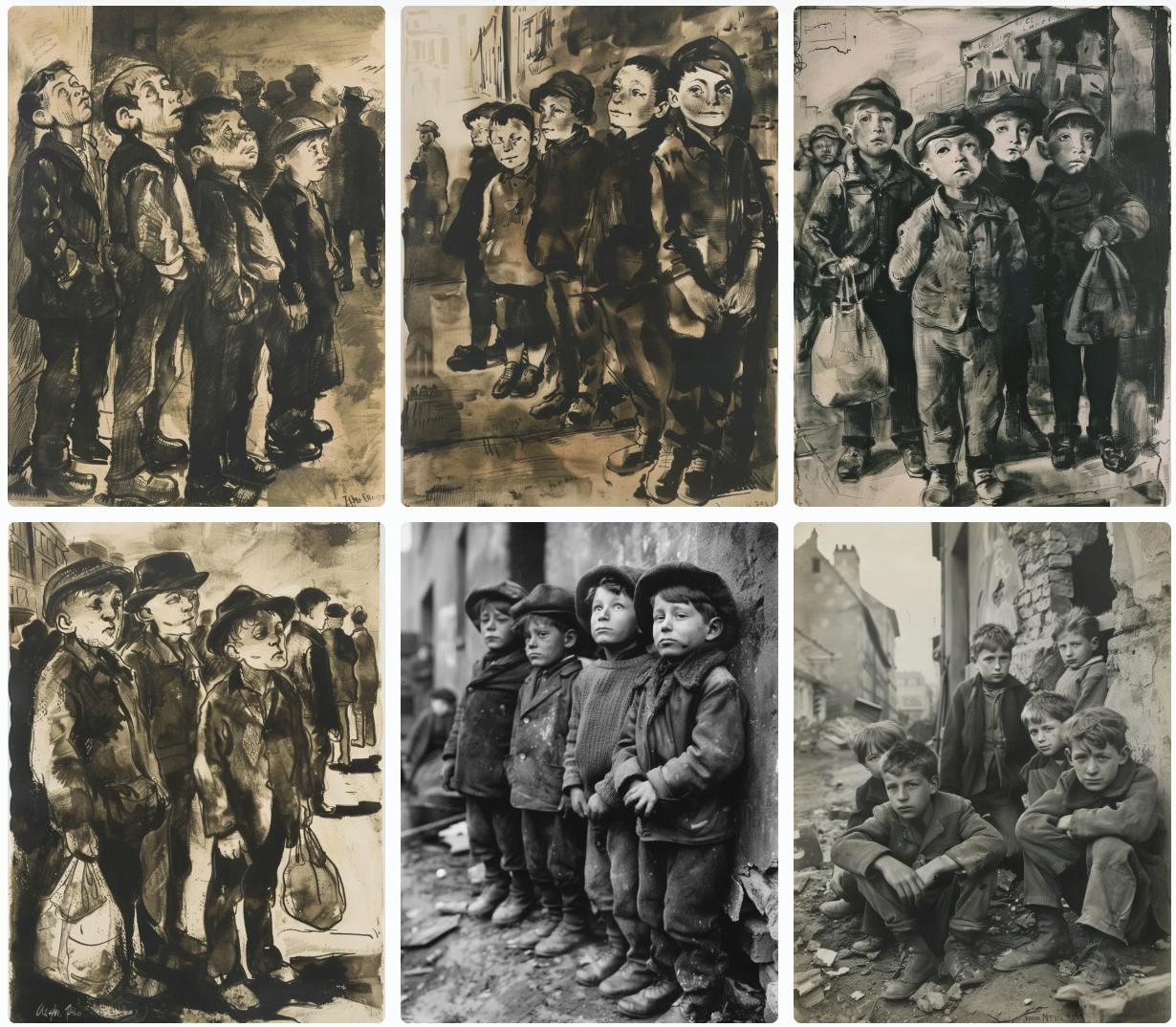 Beispiel-Prompt: „Gestalte ein Bild im Stil von George Grosz, das vier Jungen zeigt, die in einer Reihe im Freien stehen. Die Aufnahme entstand in den frühen 1920er Jahren in einer städtischen Umgebung. Betone die scharfen Linien und die satirische Darstellung der Gesellschaft. Die Kinder wirken unterernährt und tragen zerschlissene, abgenutzte Kleidung und Stiefel. Im Hintergrund sind eine Backsteinmauer sowie mehrere andere Kinder zu sehen, die sitzen oder stehen."