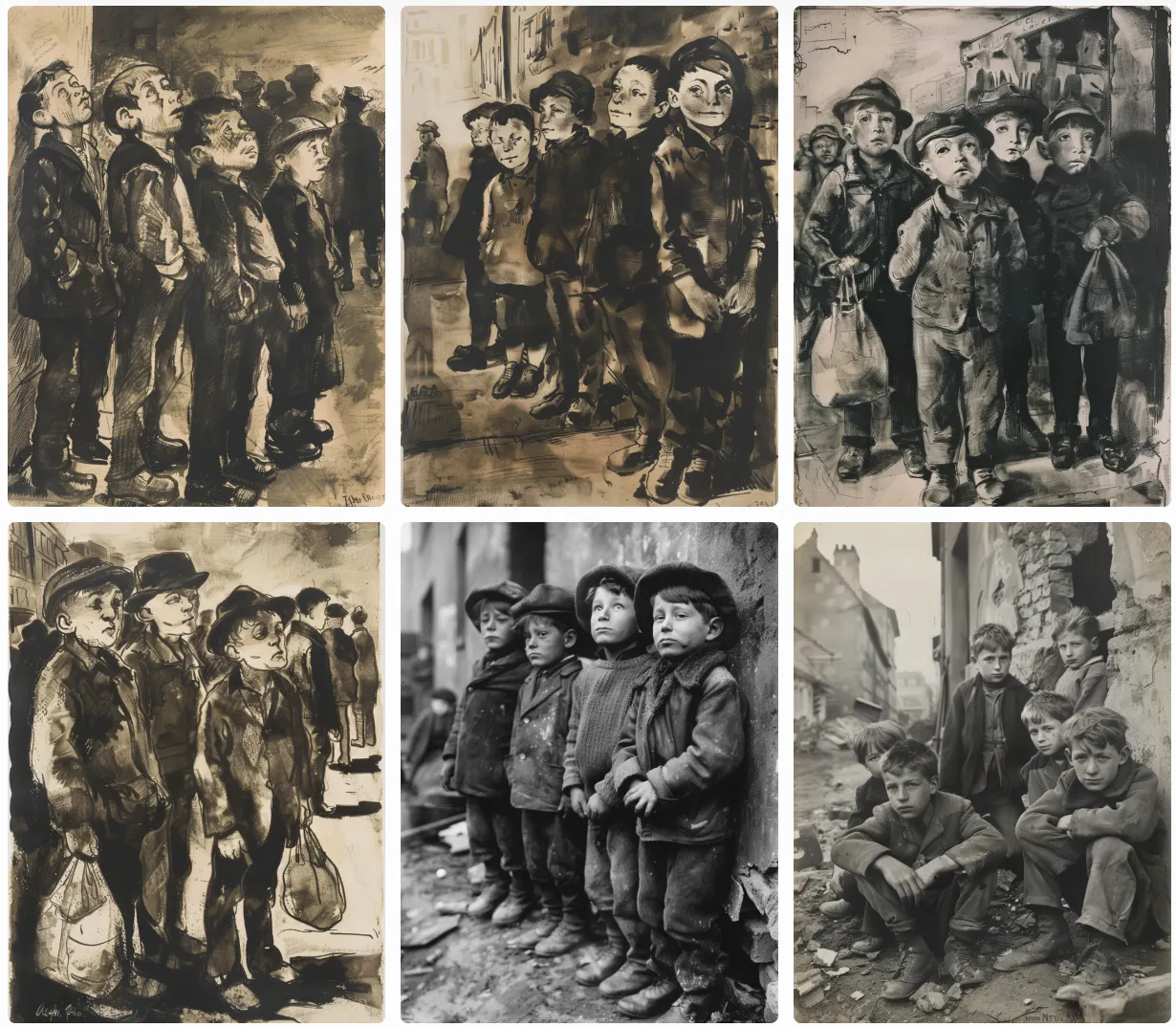 Beispiel-Prompt: „Gestalte ein Bild im Stil von George Grosz, das vier Jungen zeigt, die in einer Reihe im Freien stehen. Die Aufnahme entstand in den frühen 1920er Jahren in einer städtischen Umgebung. Betone die scharfen Linien und die satirische Darstellung der Gesellschaft. Die Kinder wirken unterernährt und tragen zerschlissene, abgenutzte Kleidung und Stiefel. Im Hintergrund sind eine Backsteinmauer sowie mehrere andere Kinder zu sehen, die sitzen oder stehen."