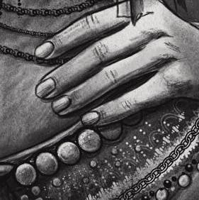 Ausschnitt der Charakterzeichnung "Sophia" zeigt ihre Hand, die sich auf ihre Hüfte stützt, darunter ein Perlengürtel.