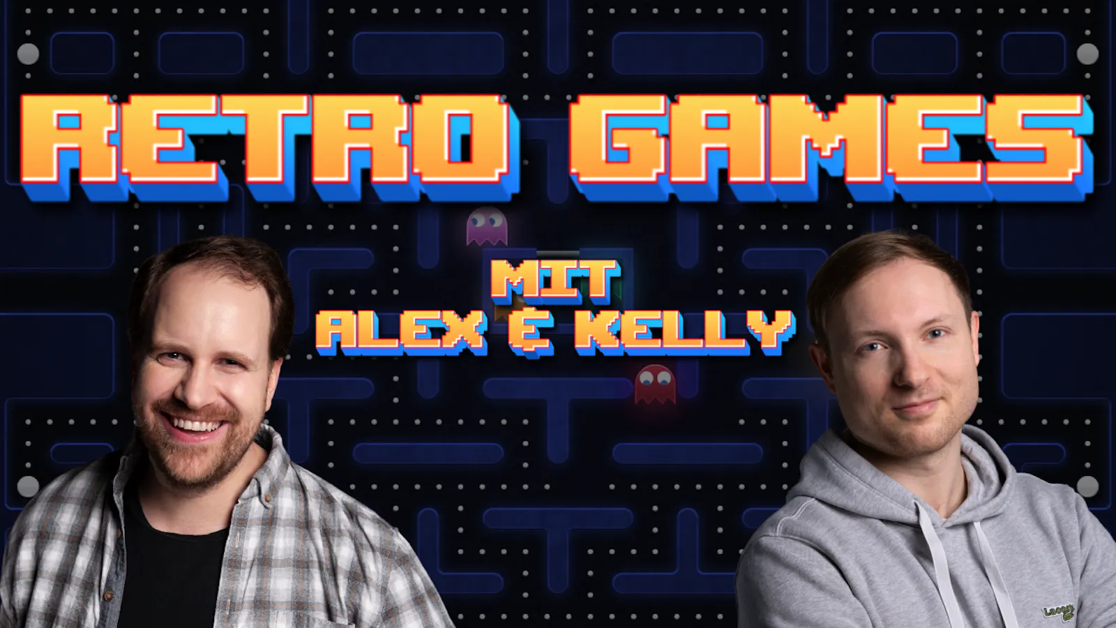 Alex und Kelly vor einem Hintergrund, der an PAC-MAN erinnert. Darüber die Überschrift "Retro Games - Mit Alex & Kelly"