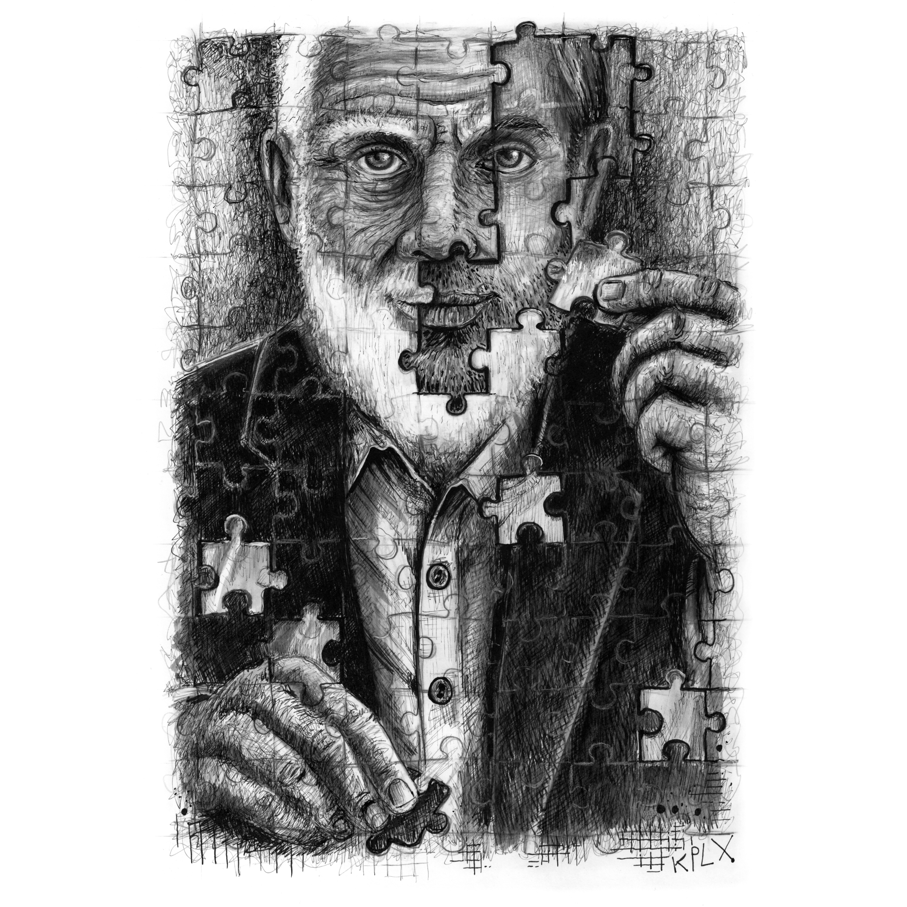 EN: The black-and-white ink drawing in A4 format shows the portrait of an older man with a white beard, shirt, and jacket. The image is depicted as a puzzle, with some pieces missing or yet to be placed. The man holds a single puzzle piece in his hand, appearing to insert it into the image. Beneath the missing pieces, his younger self becomes visible, giving the impression that he is “puzzling” himself into an older version.

GER: Die Schwarz-weiße Tuschezeichnung im Format A4 zeigt das Porträt eines älteren Mannes mit weißem Bart, Hemd und Jacke. Das Bild wird als Puzzle dargestellt, bei dem einige Puzzleteile fehlen oder noch eingesetzt werden. Der Mann hält ein einzelnes Puzzleteil in der Hand und scheint es gerade in das Bild einzusetzen. Unter den fehlenden Teilen wird sein jüngeres Ich sichtbar, sodass es wirkt, als würde er sich selbst älter „überpuzzeln“.