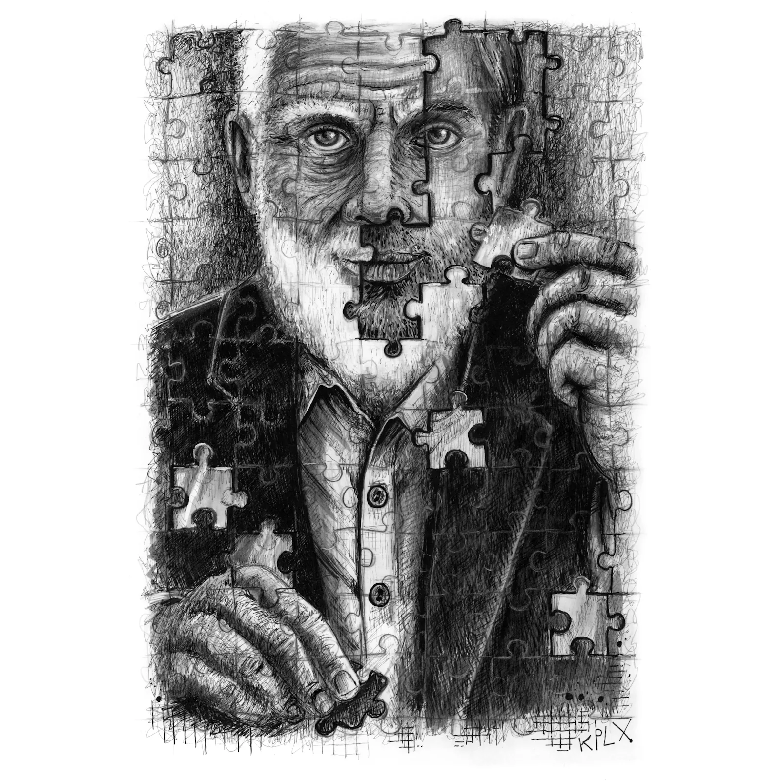 EN: The black-and-white ink drawing in A4 format shows the portrait of an older man with a white beard, shirt, and jacket. The image is depicted as a puzzle, with some pieces missing or yet to be placed. The man holds a single puzzle piece in his hand, appearing to insert it into the image. Beneath the missing pieces, his younger self becomes visible, giving the impression that he is “puzzling” himself into an older version.
GER: Die Schwarz-weiße Tuschezeichnung im Format A4 zeigt das Porträt eines älteren Mannes mit weißem Bart, Hemd und Jacke. Das Bild wird als Puzzle dargestellt, bei dem einige Puzzleteile fehlen oder noch eingesetzt werden. Der Mann hält ein einzelnes Puzzleteil in der Hand und scheint es gerade in das Bild einzusetzen. Unter den fehlenden Teilen wird sein jüngeres Ich sichtbar, sodass es wirkt, als würde er sich selbst älter „überpuzzeln“.