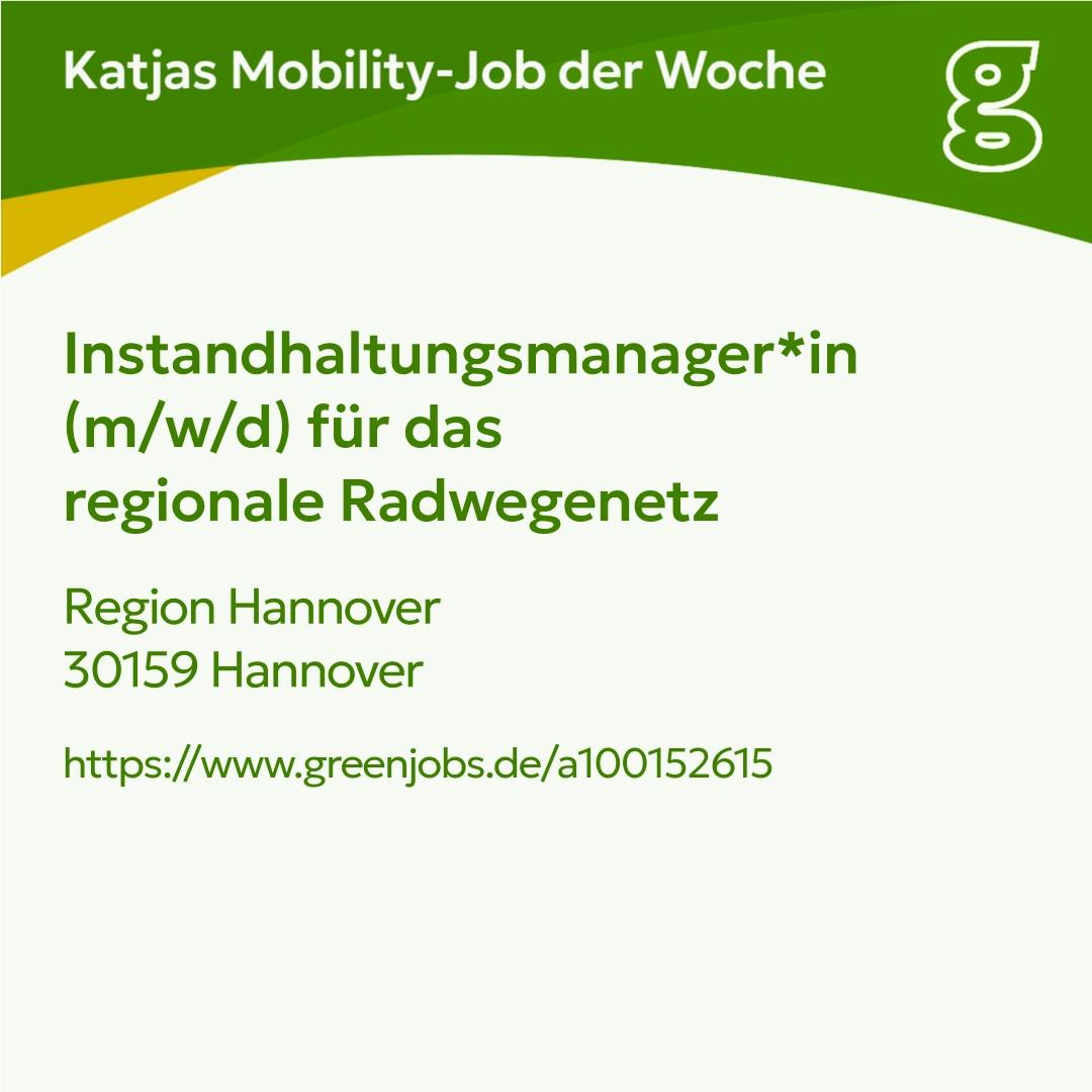 Grünes Sharepic von greenjobs - Text:
Instandhaltungsmanager*in
(m/w/d) für das regionale Radwegenetz
Region Hannover
30159 Hannover
https://www.greenjobs.de/a100152615