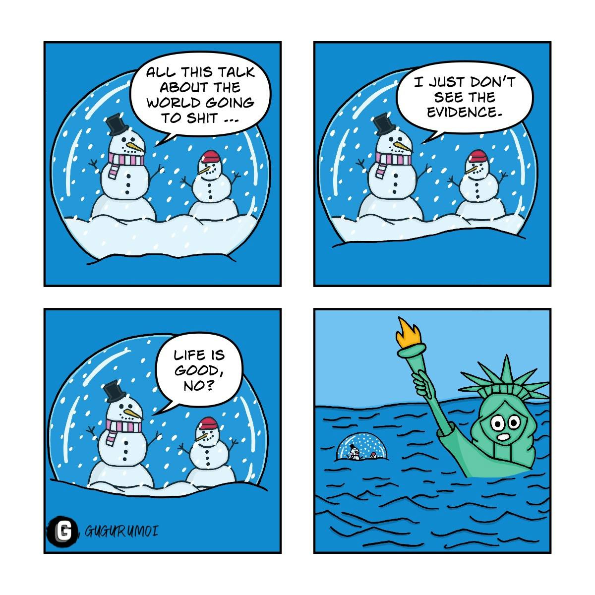 Comic mit vier Feldern, das zwei Schneemänner in einer Schneekugel zeigt.