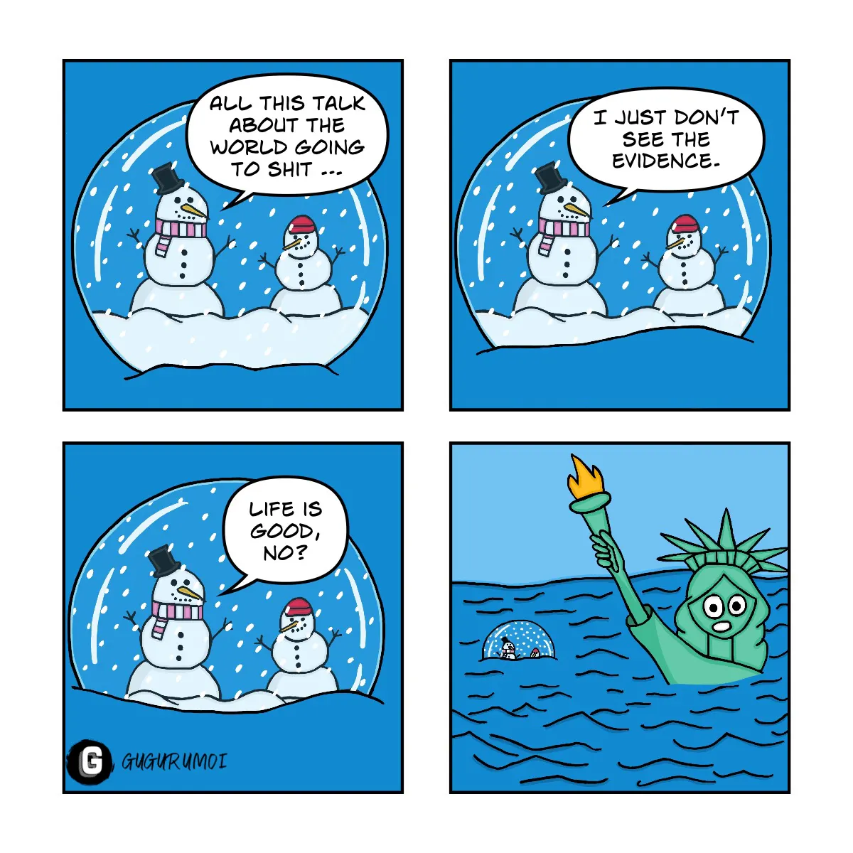 Comic mit vier Feldern, das zwei Schneemänner in einer Schneekugel zeigt.