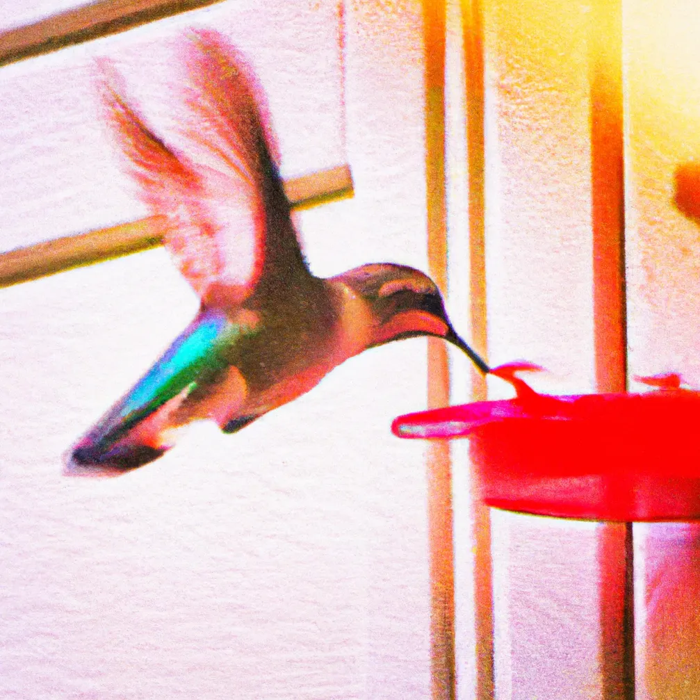An AI-generated image, in an impressionist style, of a hummingbird drinking from a feeder.