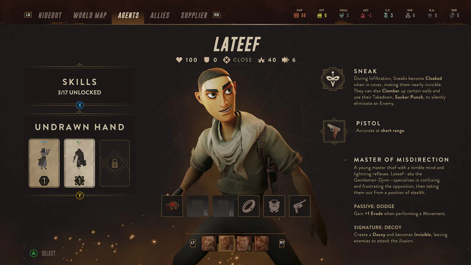 Screenshot des Spiels The Lamplighters League. Das Charakter-Menü zeigt den Dieb Lateef, einen der Helden.